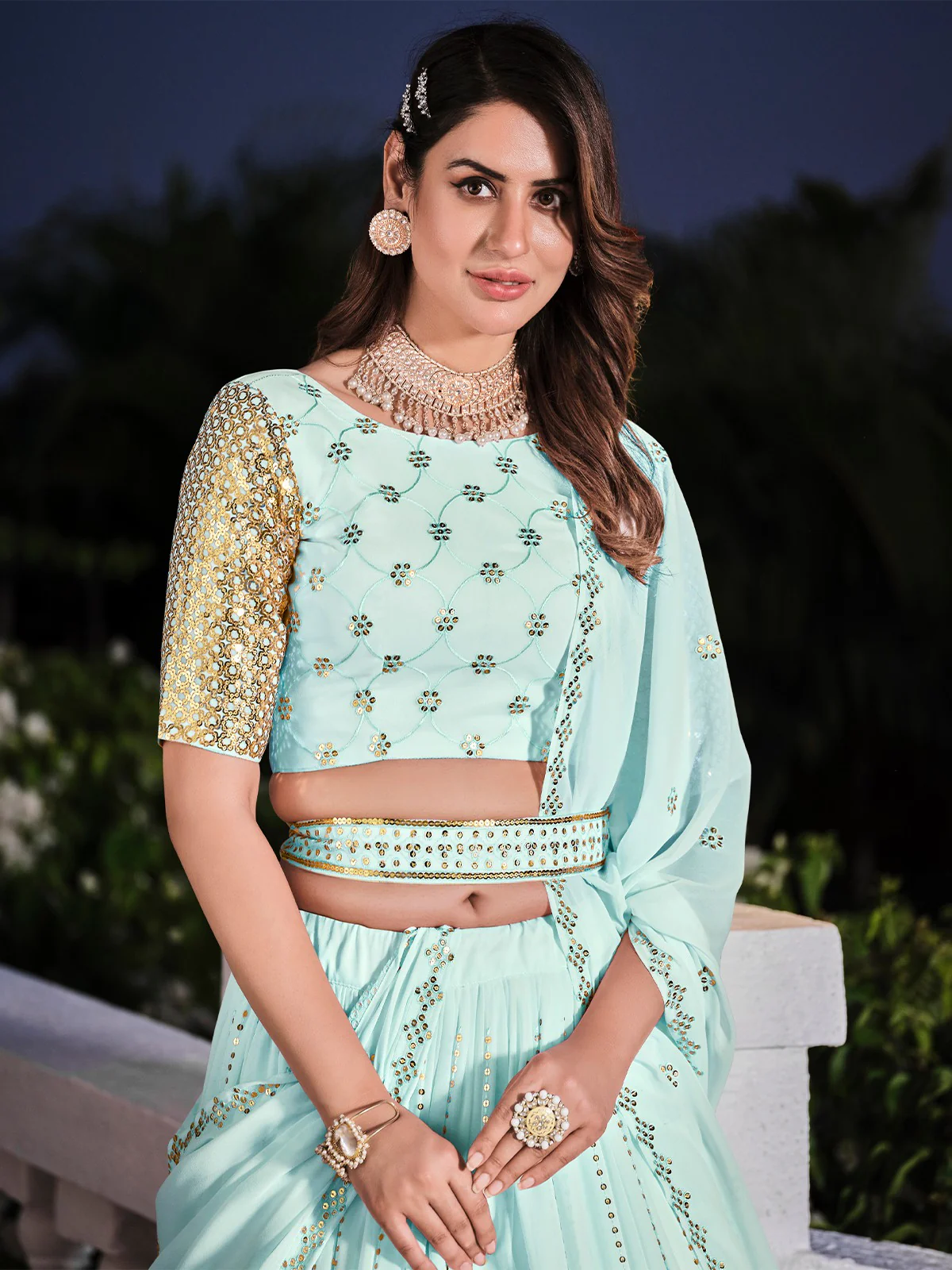Odette Women Classy Blue Georgette Semi-Stitched Lehenga Choli - Image 2