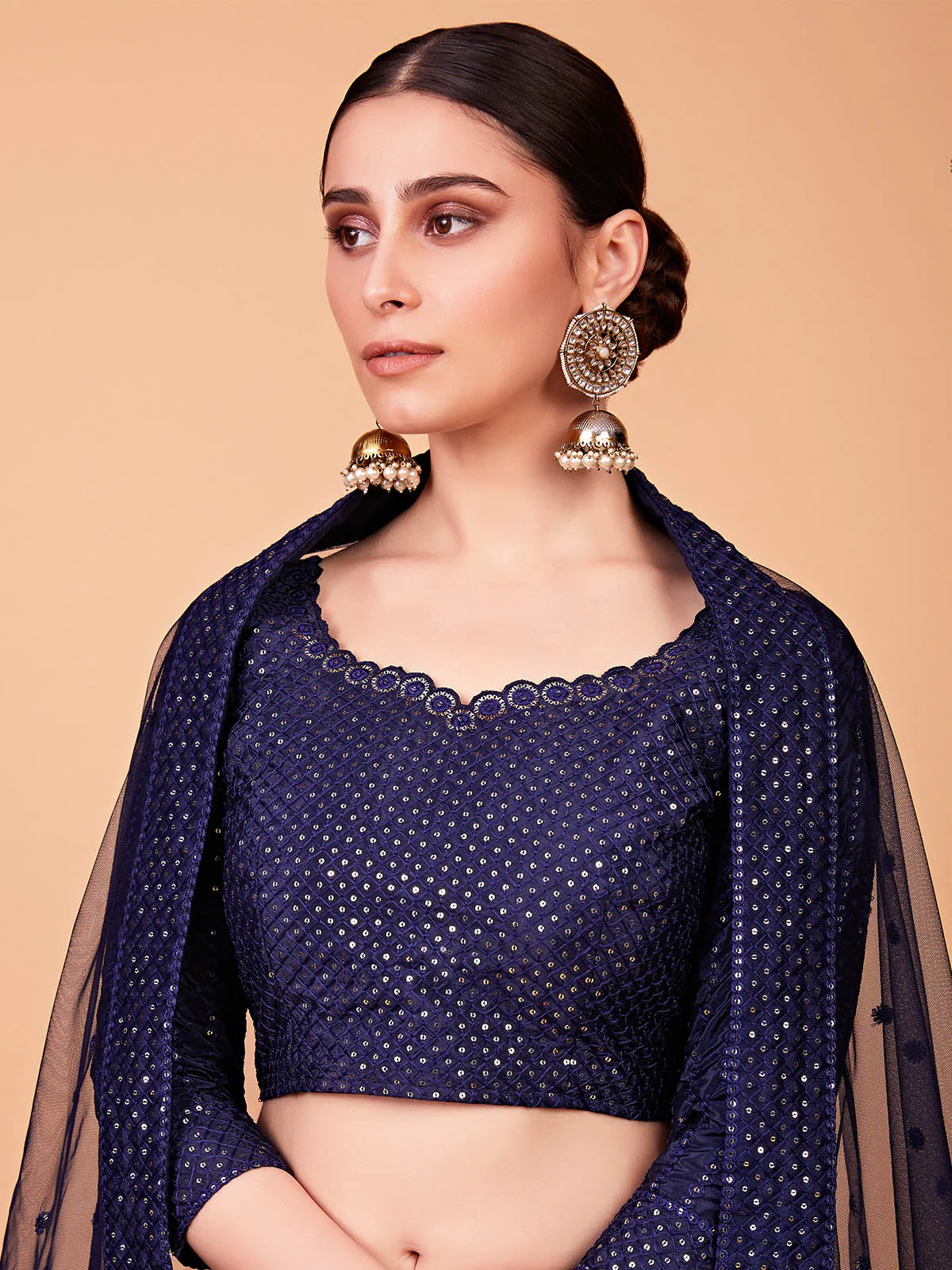 Odette Women Classy Dark Blue Silk Semi Stitched Lehenga With Unstitched Blouse - Image 4
