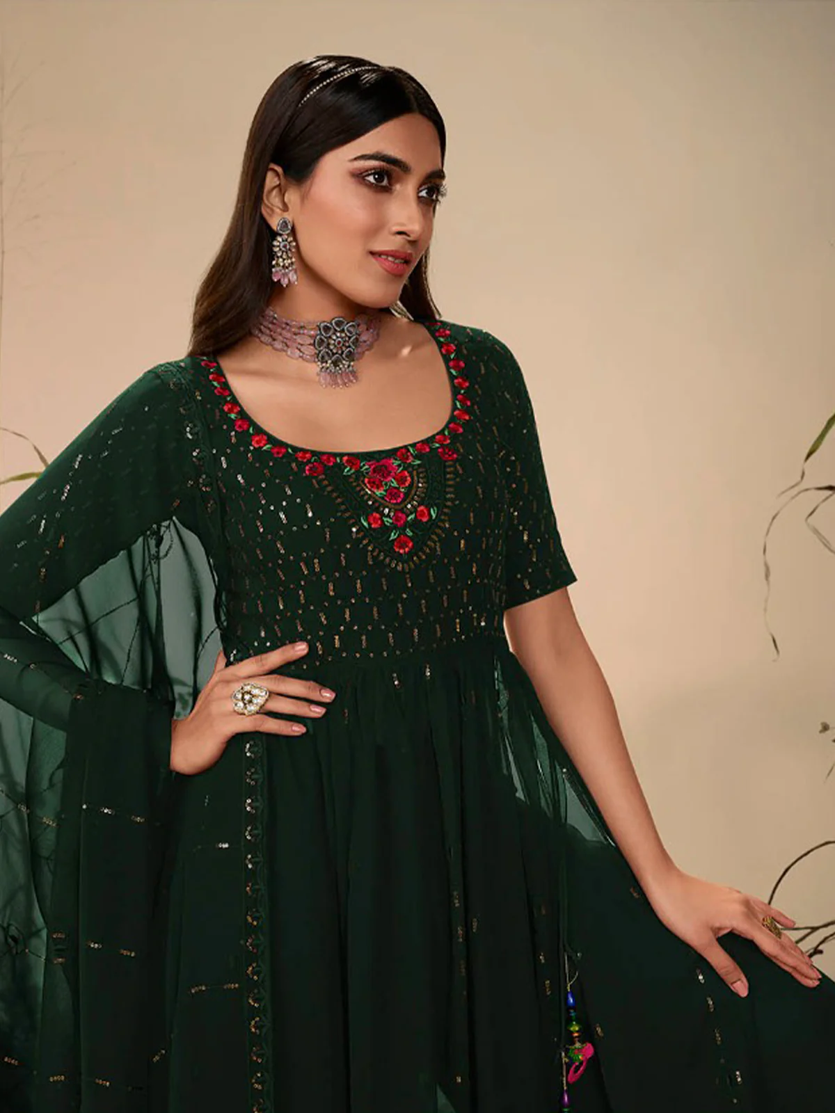 Odette Women Classy Green Georgette Stitched Salwar Suit - Image 2