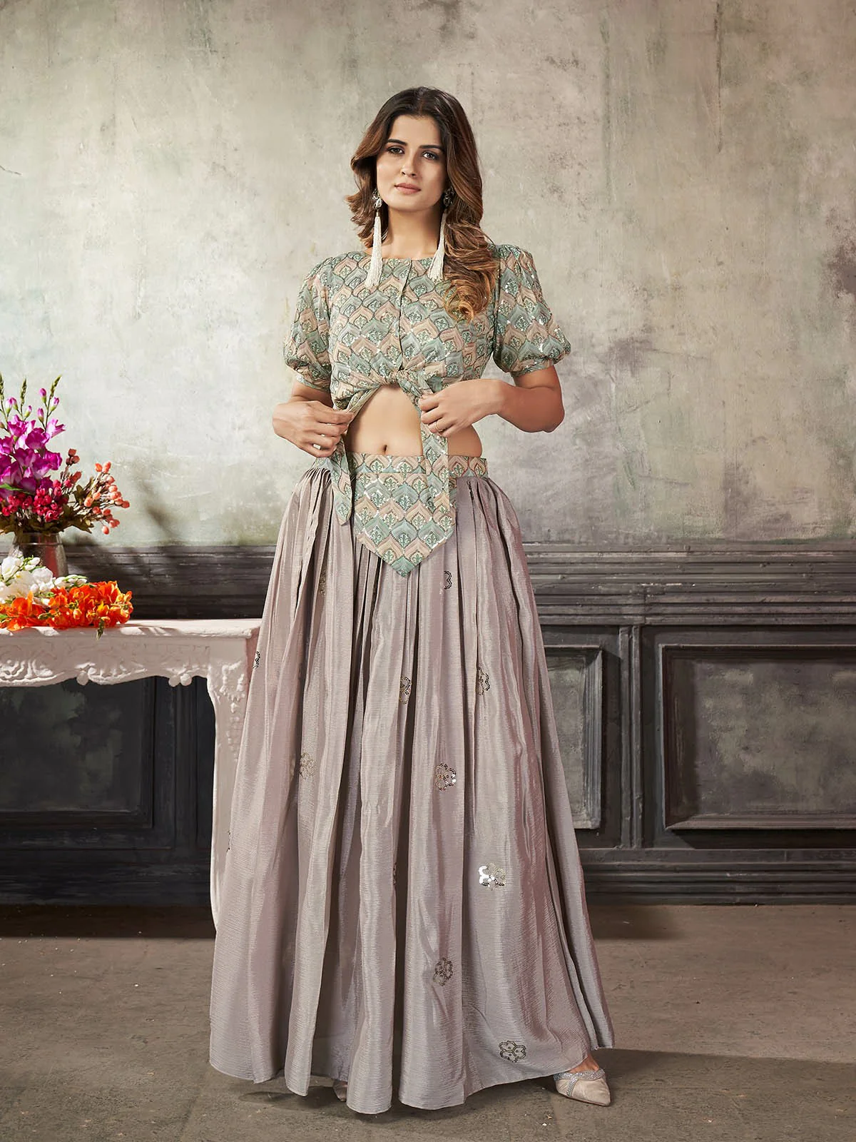 Odette Women Classy Grey Art Silk Stitched Lehenga Choli - Image 2