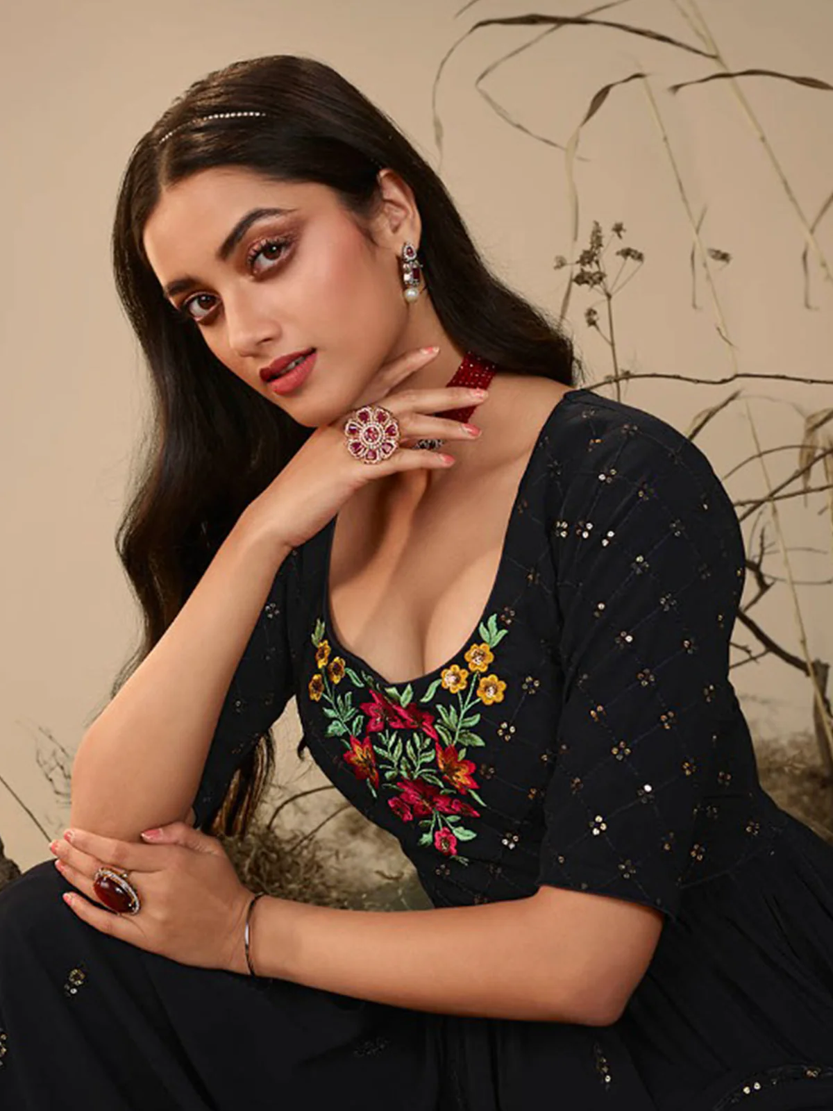 Odette Women Classy Dark Blue Georgette Stitched Salwar Suit - Image 2