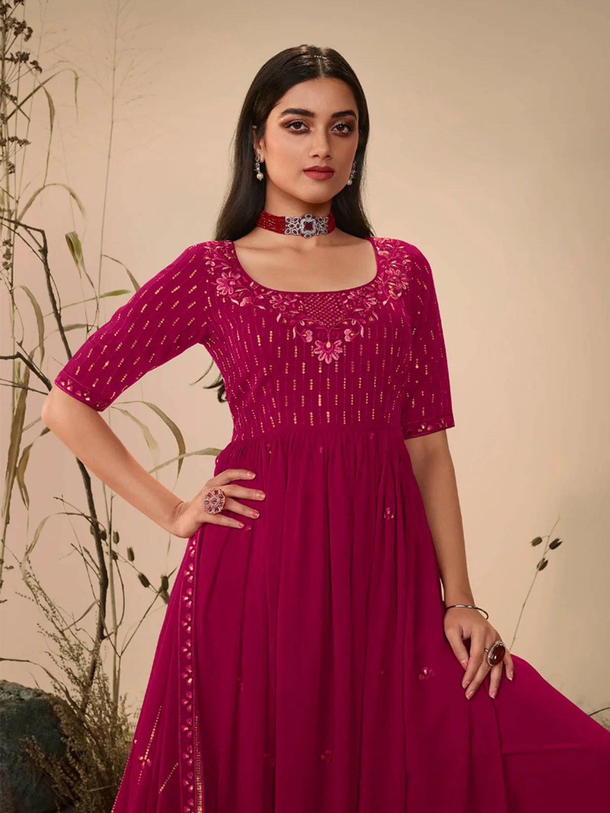 Odette Women Classy Pink Georgette Stitched Salwar Suit - Image 2