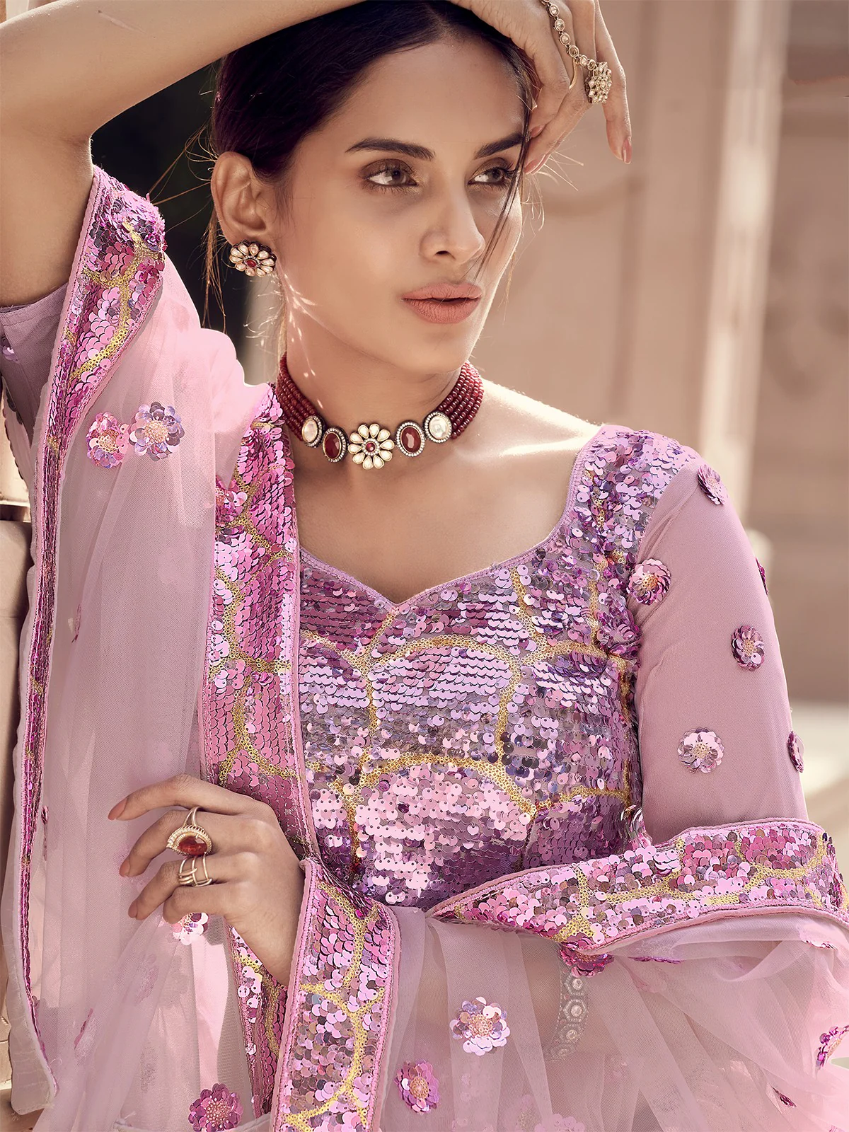 Odette Women Classy Pink Soft Net Semi Stitched Lehenga With Unstitched Blouse - Image 3