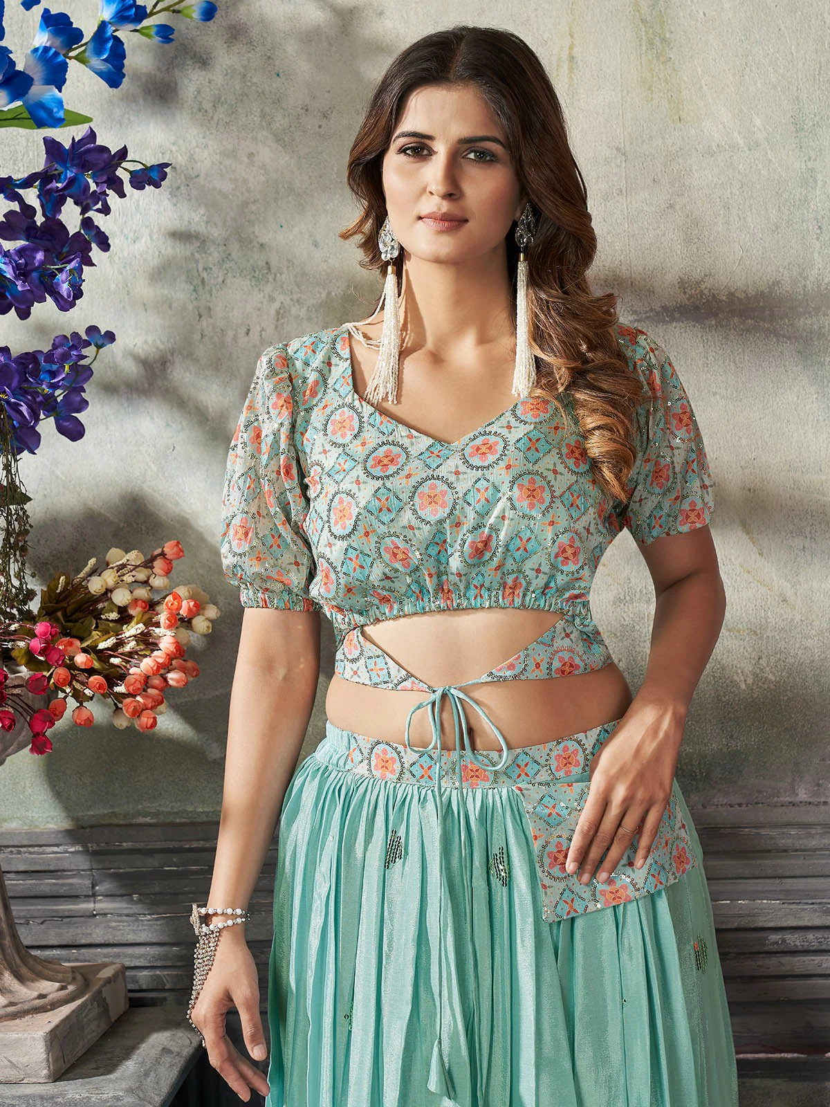 Odette Women Classy Sea Green Art Silk Stitched Lehenga Choli - Image 3