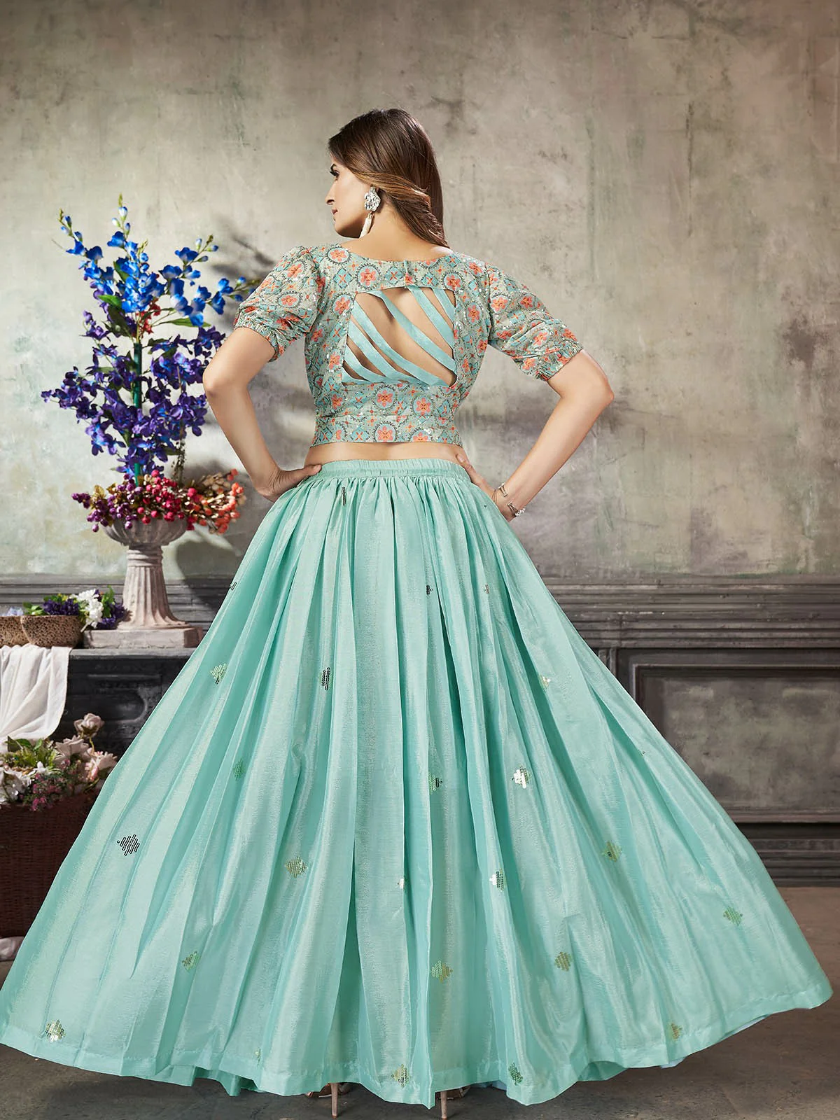 Odette Women Classy Sea Green Art Silk Stitched Lehenga Choli - Image 4