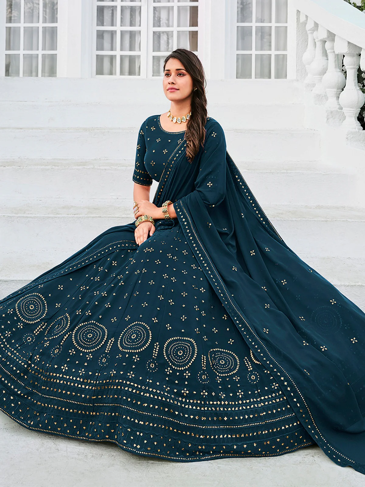 Odette Women Classy Teal Georgette Semi-Stitched Lehenga Choli - Image 2