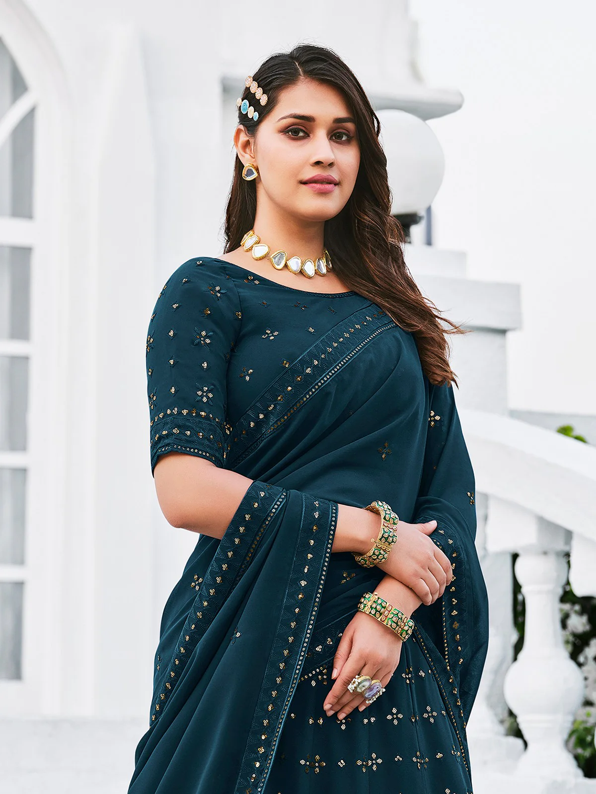 Odette Women Classy Teal Georgette Semi-Stitched Lehenga Choli - Image 3