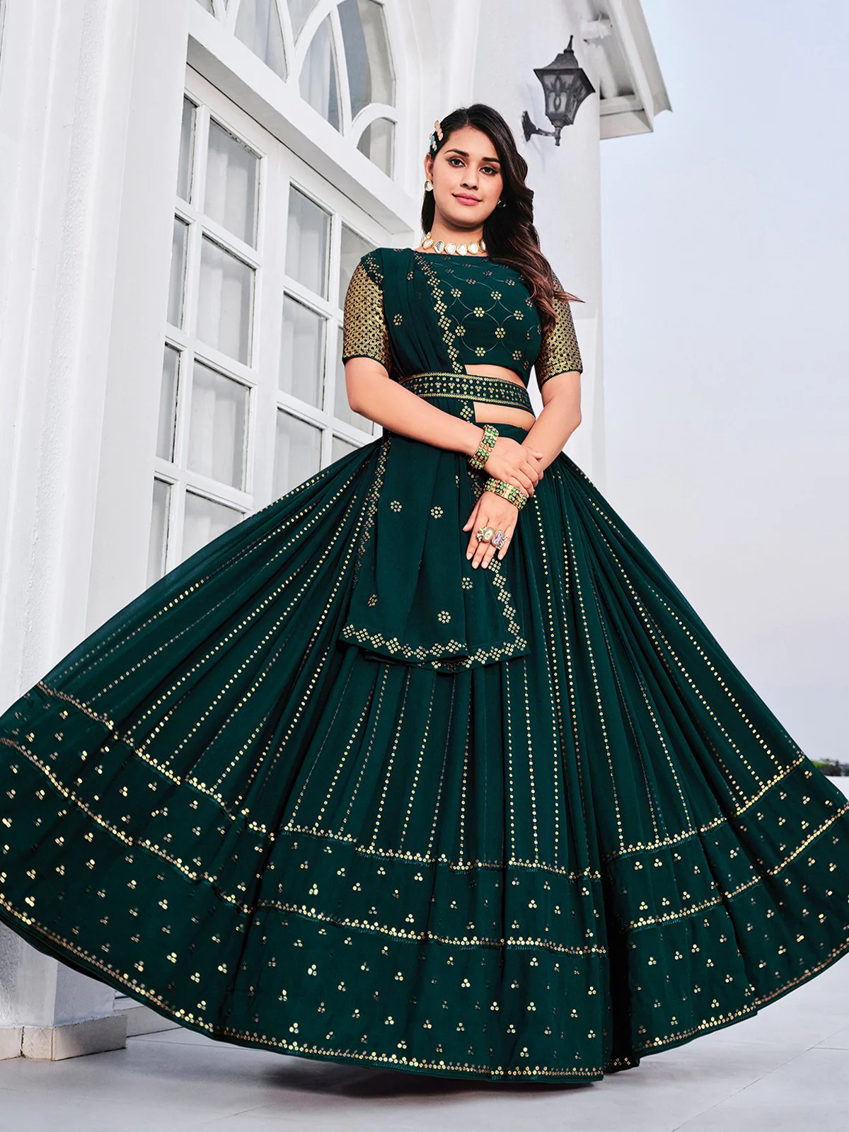 Odette Women Classy Teal Georgette Semi-Stitched Lehenga Choli - Image 2
