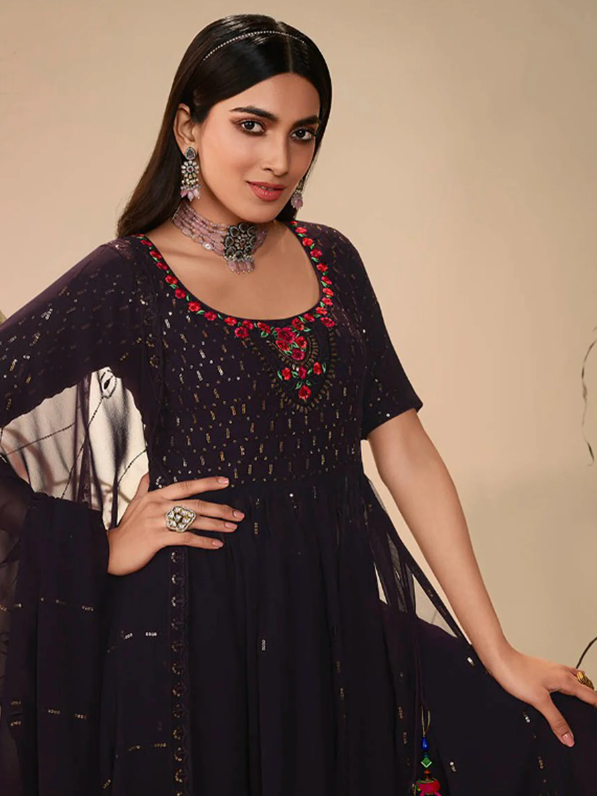 Odette Women Classy Violet Georgette Stitched Salwar Suit - Image 2