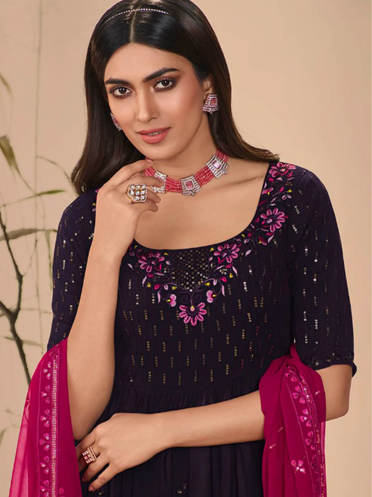 Odette Women Classy Violet Georgette Stitched Salwar Suit - Image 2