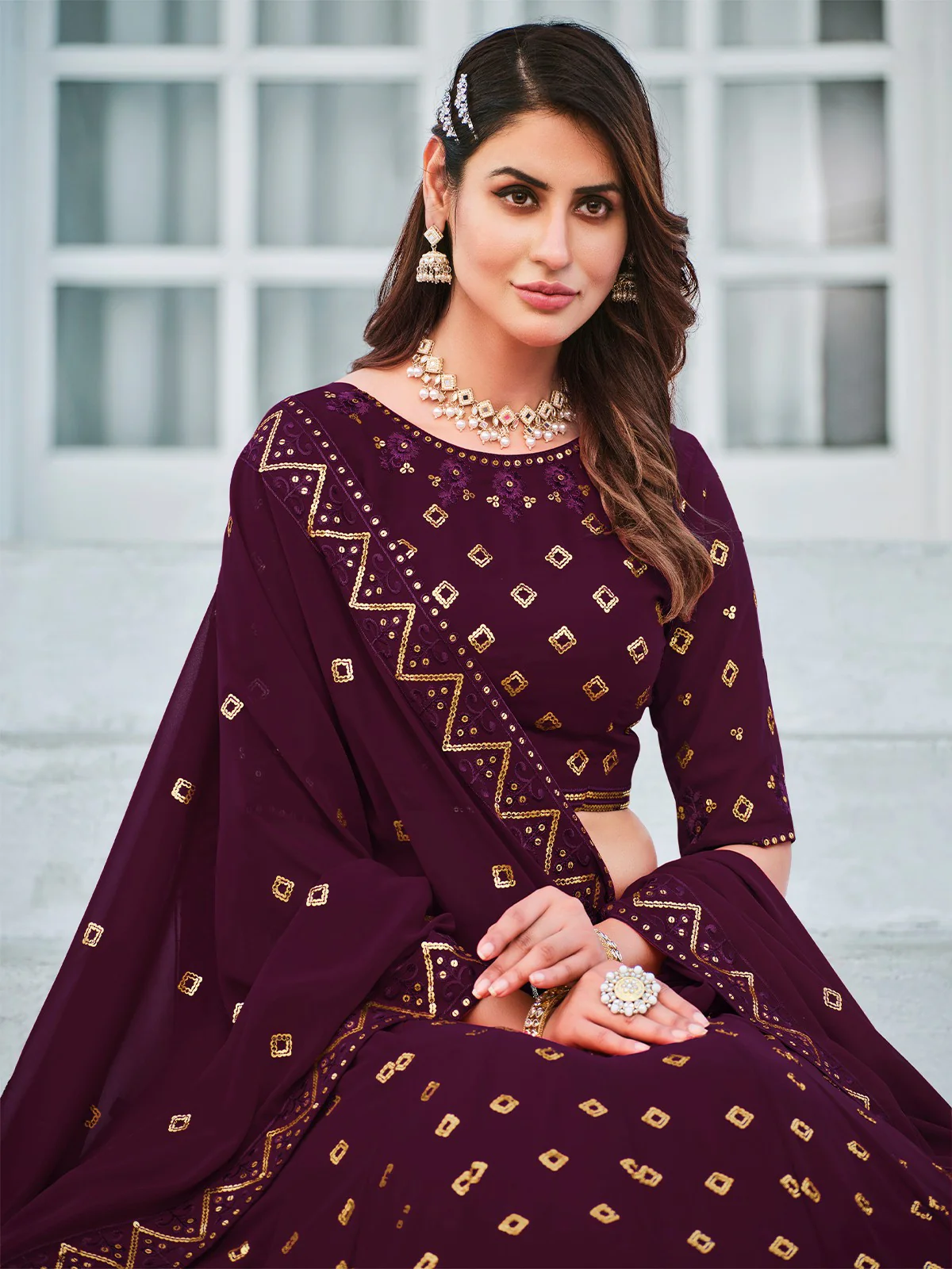 Odette Women Classy Violet Georgette Semi-Stitched Lehenga Choli - Image 2
