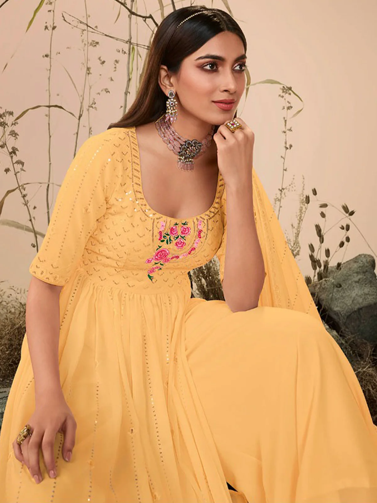 Odette Women Classy Yellow Georgette Stitched Salwar Suit - Image 2