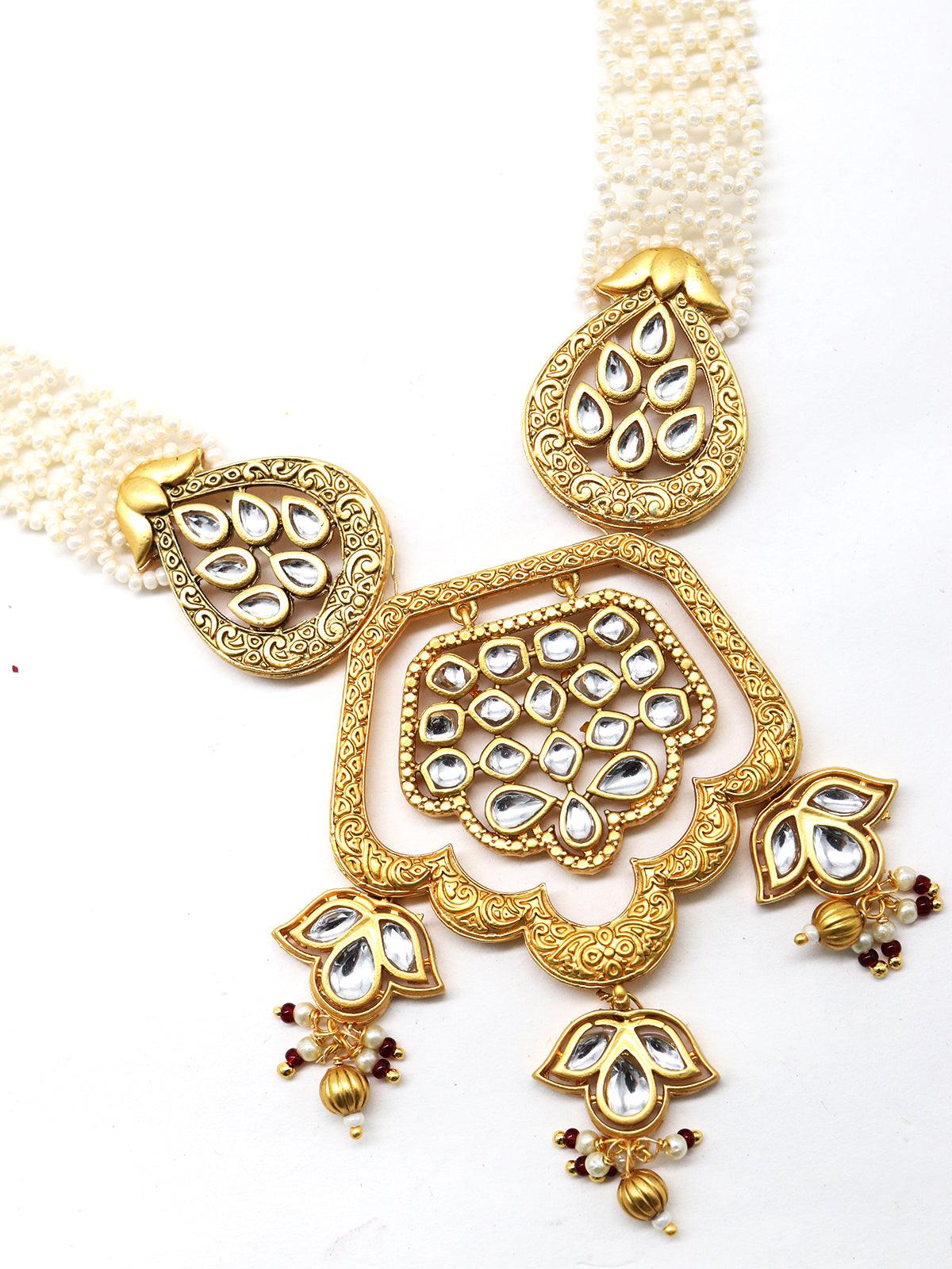 Odette Women Ancient Semiprecious Kundan & Pearl Choker With Earrings - Image 5