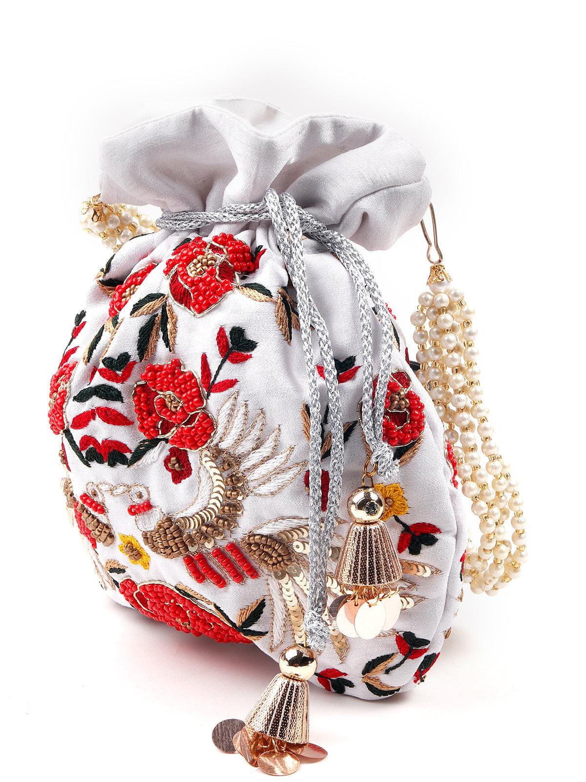 Odette Women Beaded And Ornate White Potli - Image 5