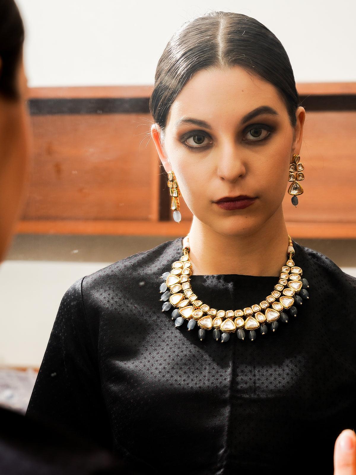 Odette Women Beautiful Kundan And Grey Mani Necklace Set! - Image 2