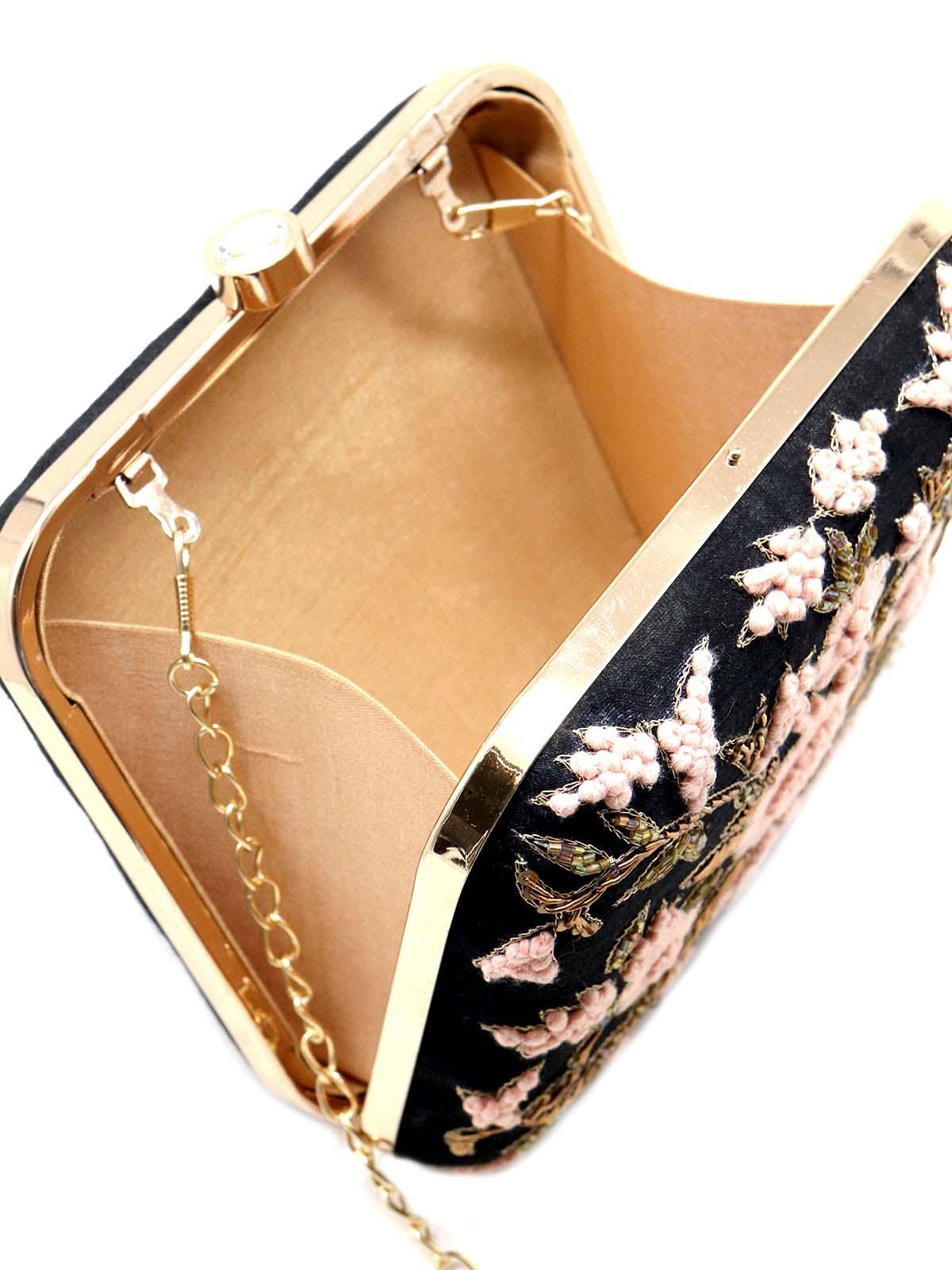Odette Women Black And Pink Square Shape Embroidered Clutch - Image 5