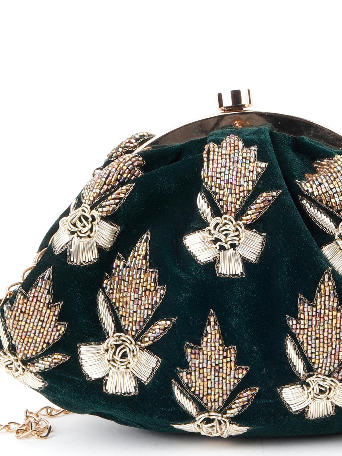 Odette Women Bottle Green Beaded Batuwa - Image 4