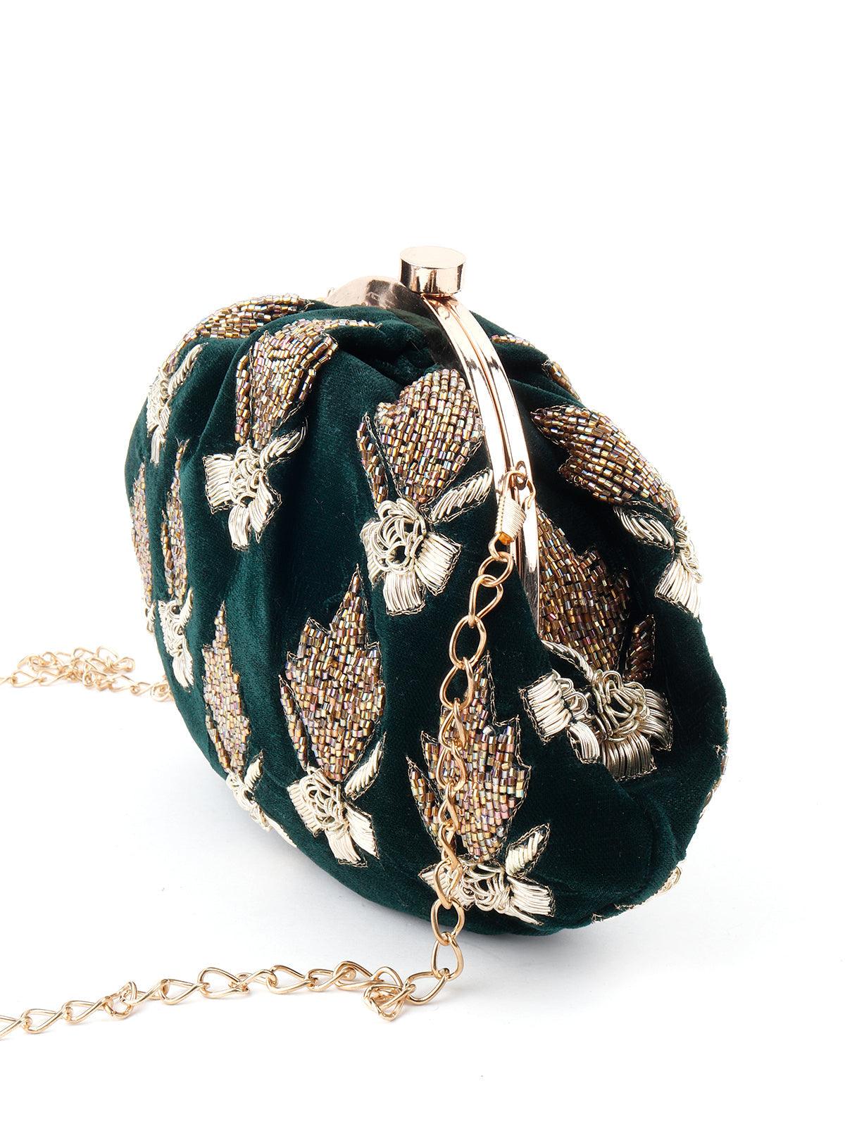 Odette Women Bottle Green Beaded Batuwa - Image 5
