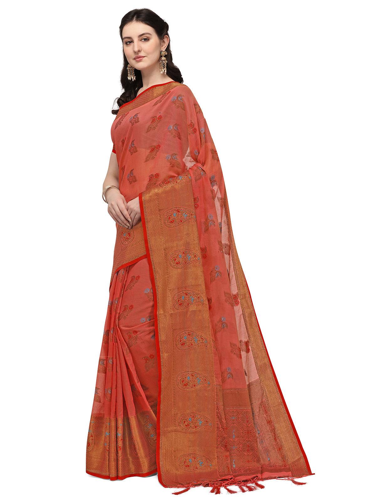 Odette Women Chilly Red Colour Banarasi Silk Madhubani Work Saree With Unstitched Blouse - Image 3