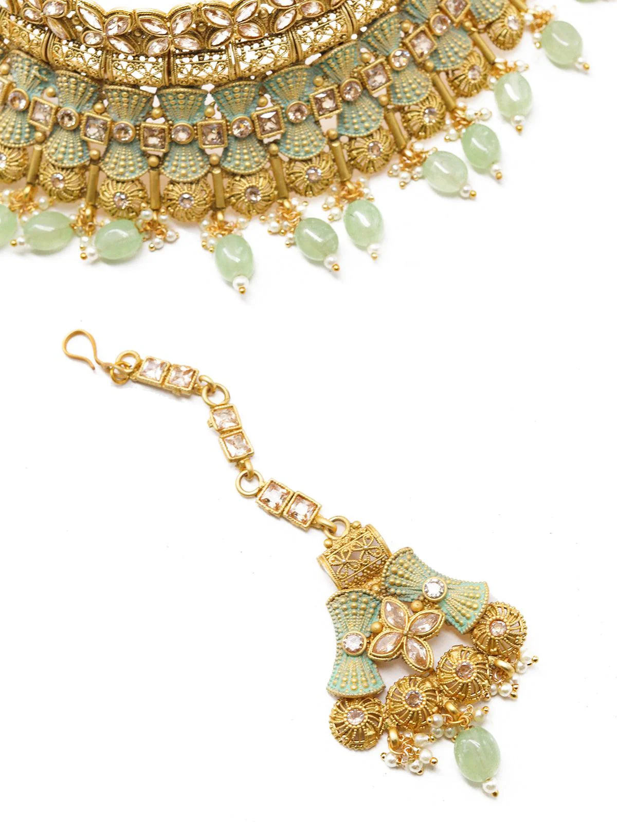 Odette Women Crafted Heavy Olive Green Mani Gold Tone Choker Set! - Image 4