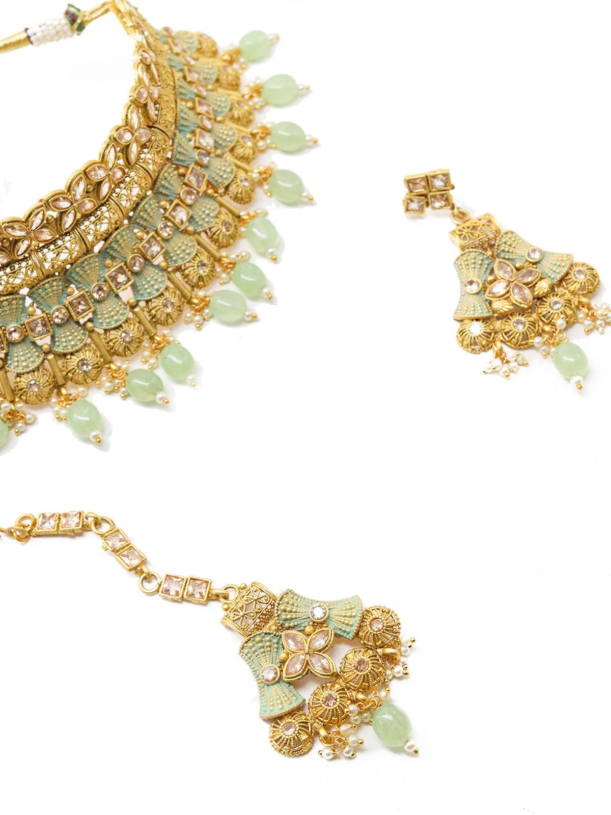 Odette Women Crafted Heavy Olive Green Mani Gold Tone Choker Set! - Image 5