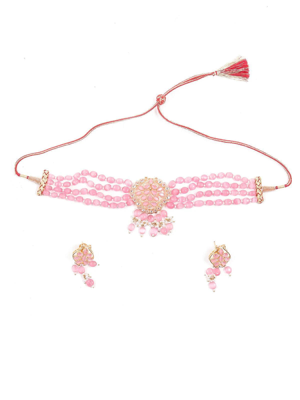 Odette Women Elegant Pink Mani Choker With Earrings - Image 3