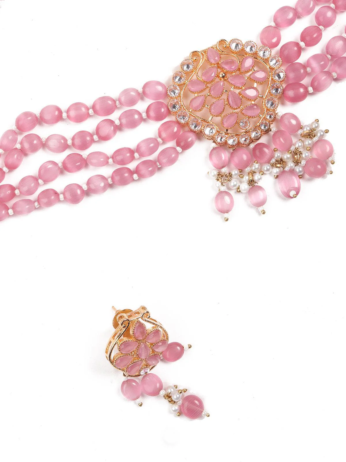 Odette Women Elegant Pink Mani Choker With Earrings - Image 4