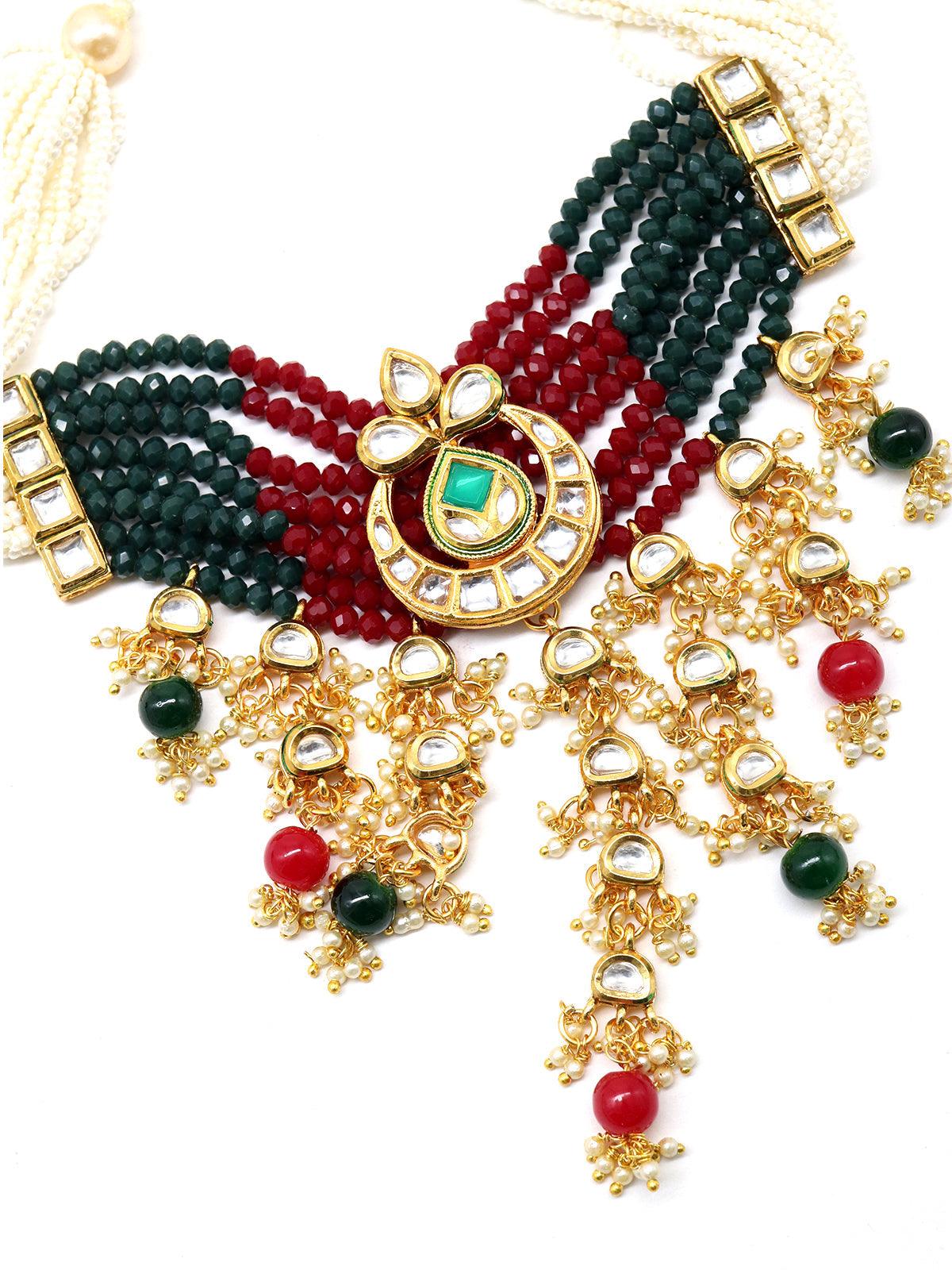Odette Women Elegant Red-Green Crystal, Pearl, & Kundan Choker With Earrings! - Image 3
