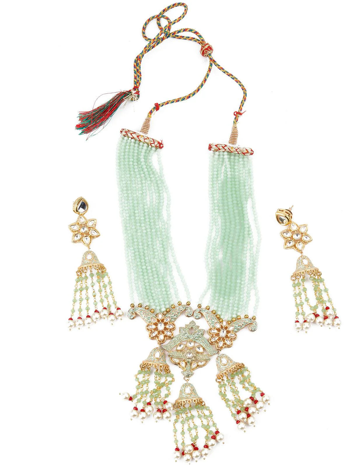 Odette Women Enduring Mint Green Multistring Onyx-Kundan-Pearl Necklace Set - Image 3