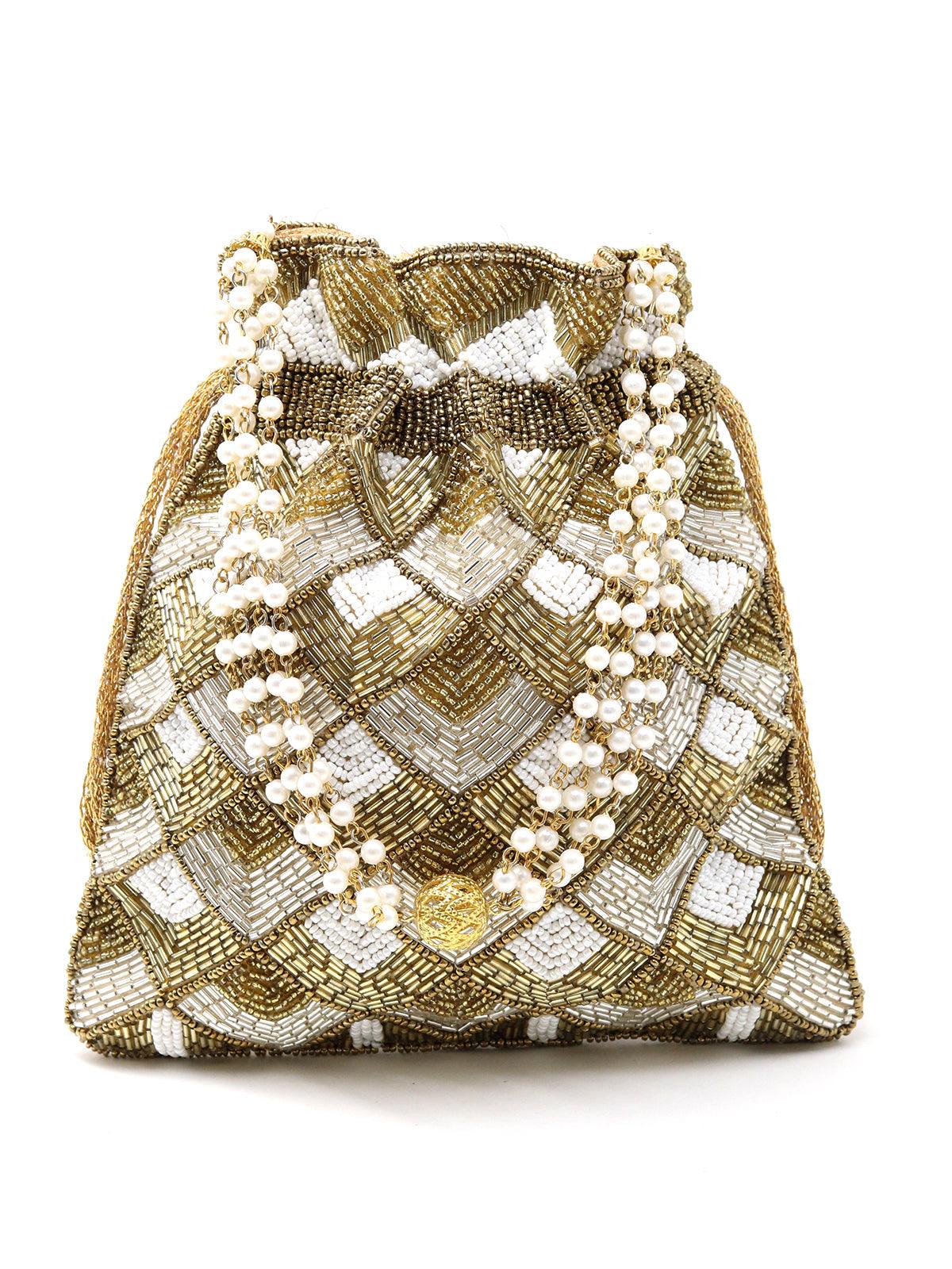 Odette Women Enticing Golden Beaded Potli Handbag - Image 4