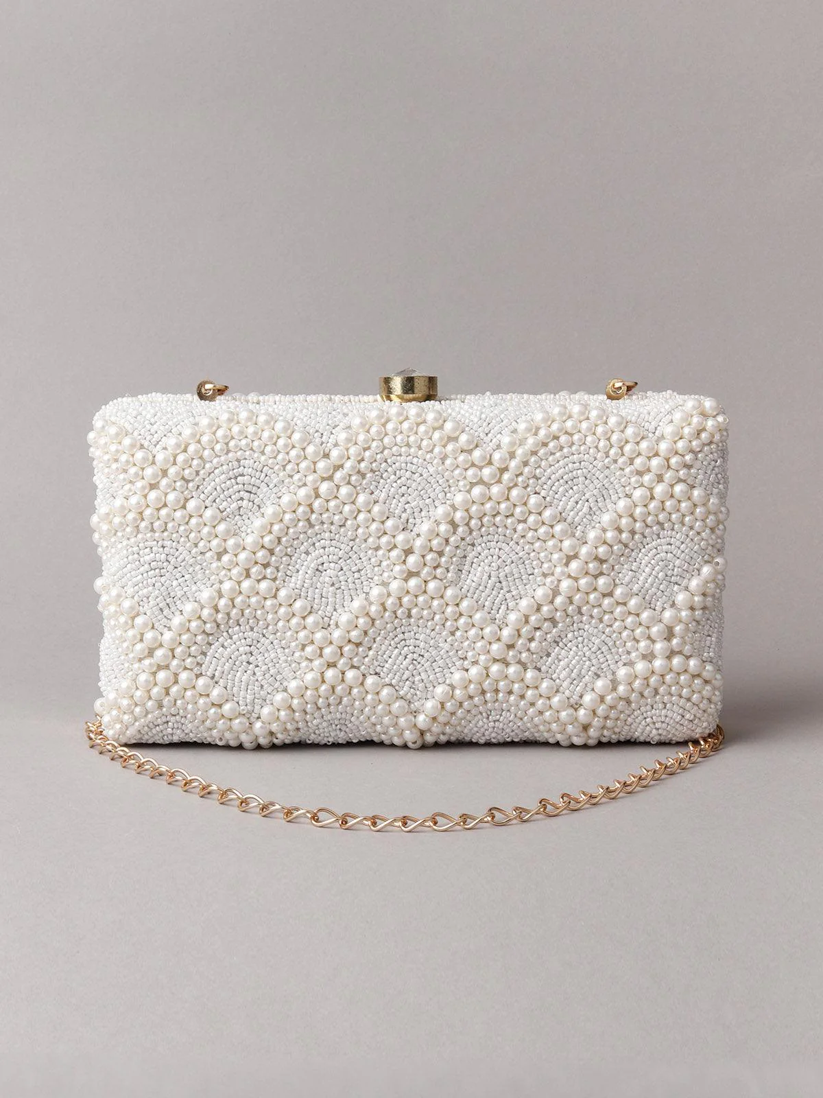 Odette Women Enticing Rectangular White Pearly Clutch! - Image 3