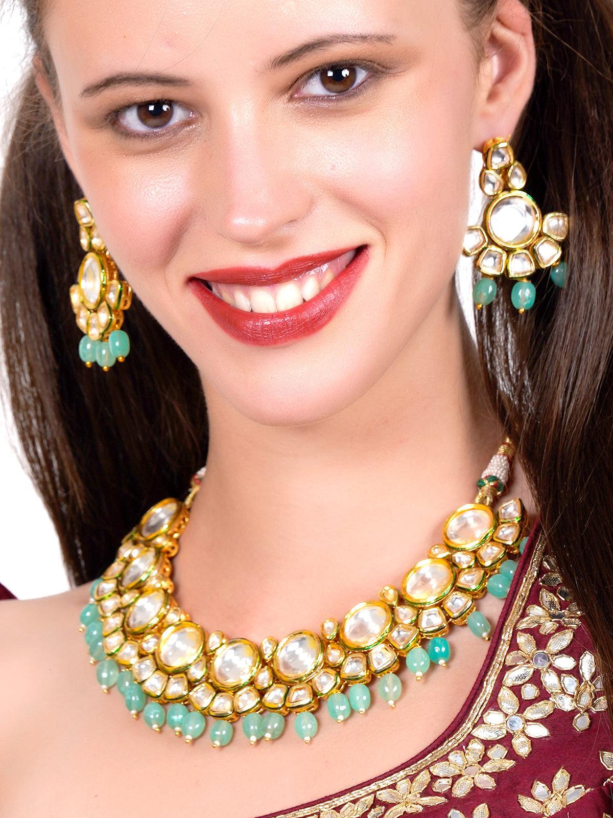 Odette Women Ethnic Heavy Semiprecious Kundan & Enameled Necklace With Earrings! - Image 2