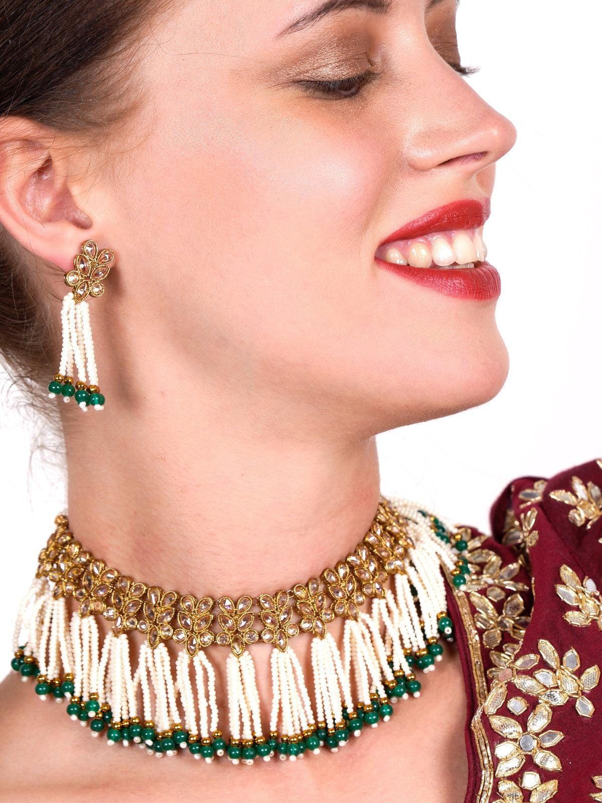 Odette Women Floral Kundan Pearl Choker With Earrings - Image 2