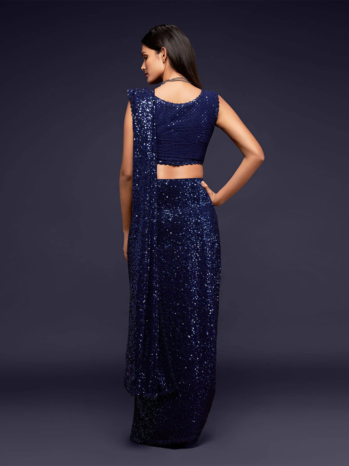 Odette Women Blue Georgette Designer Blue Sequins Saree With Unstitched Blouse - Image 3