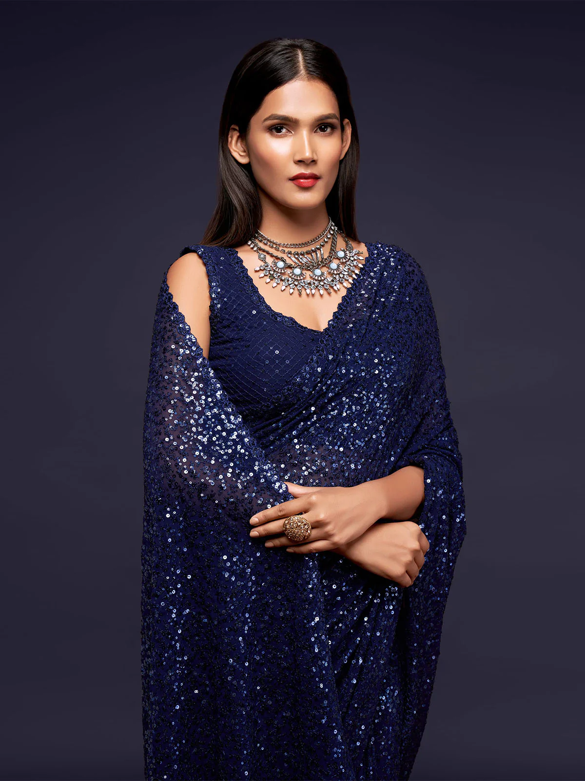 Odette Women Blue Georgette Designer Blue Sequins Saree With Unstitched Blouse - Image 4