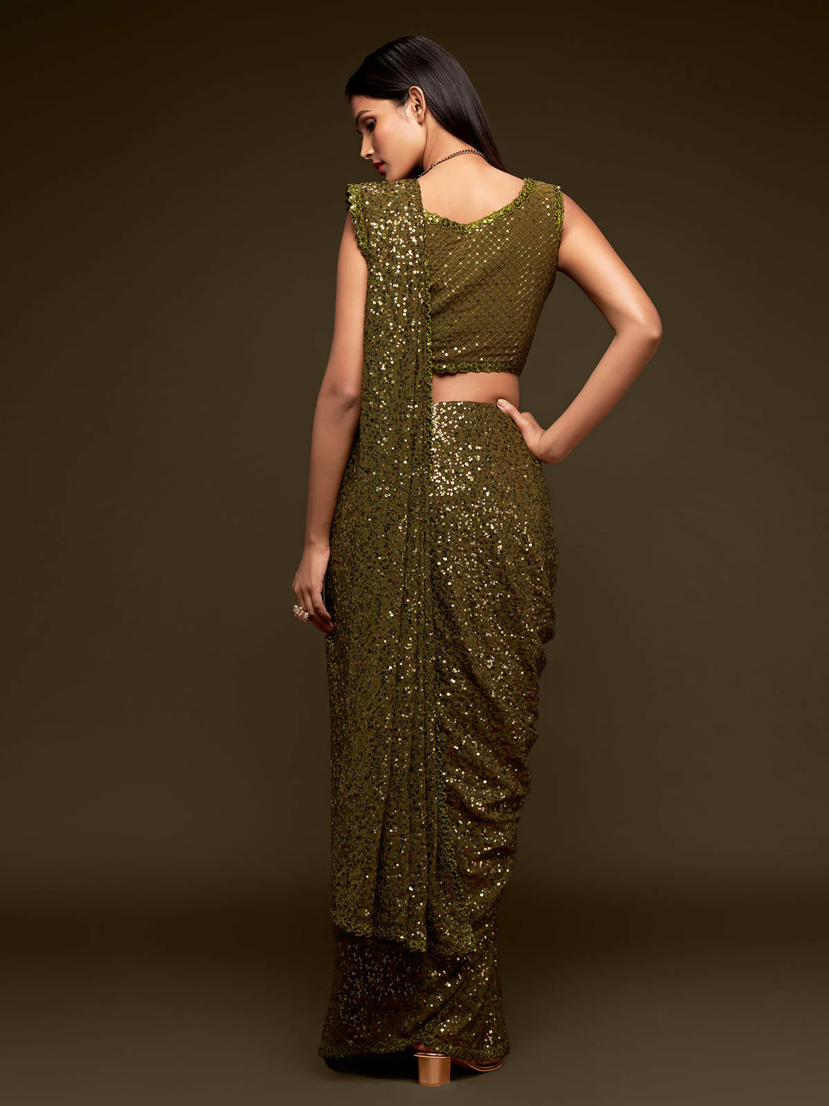 Odette Women Olive Georgette Designer Sequins Saree With Unstitched Blouse - Image 3