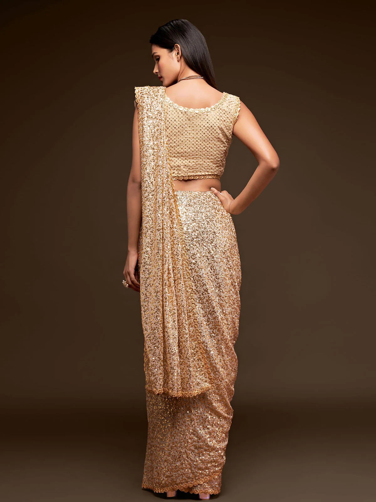 Odette Women Gold Georgette Designer Sequins Saree With Unstitched Blouse - Image 3