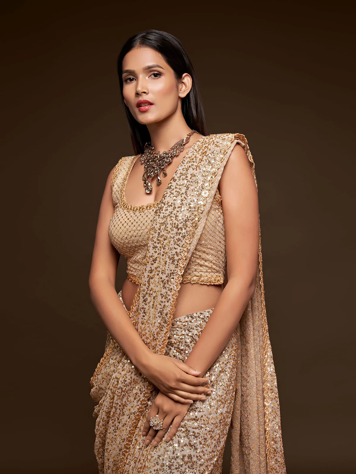 Odette Women Gold Georgette Designer Sequins Saree With Unstitched Blouse - Image 4