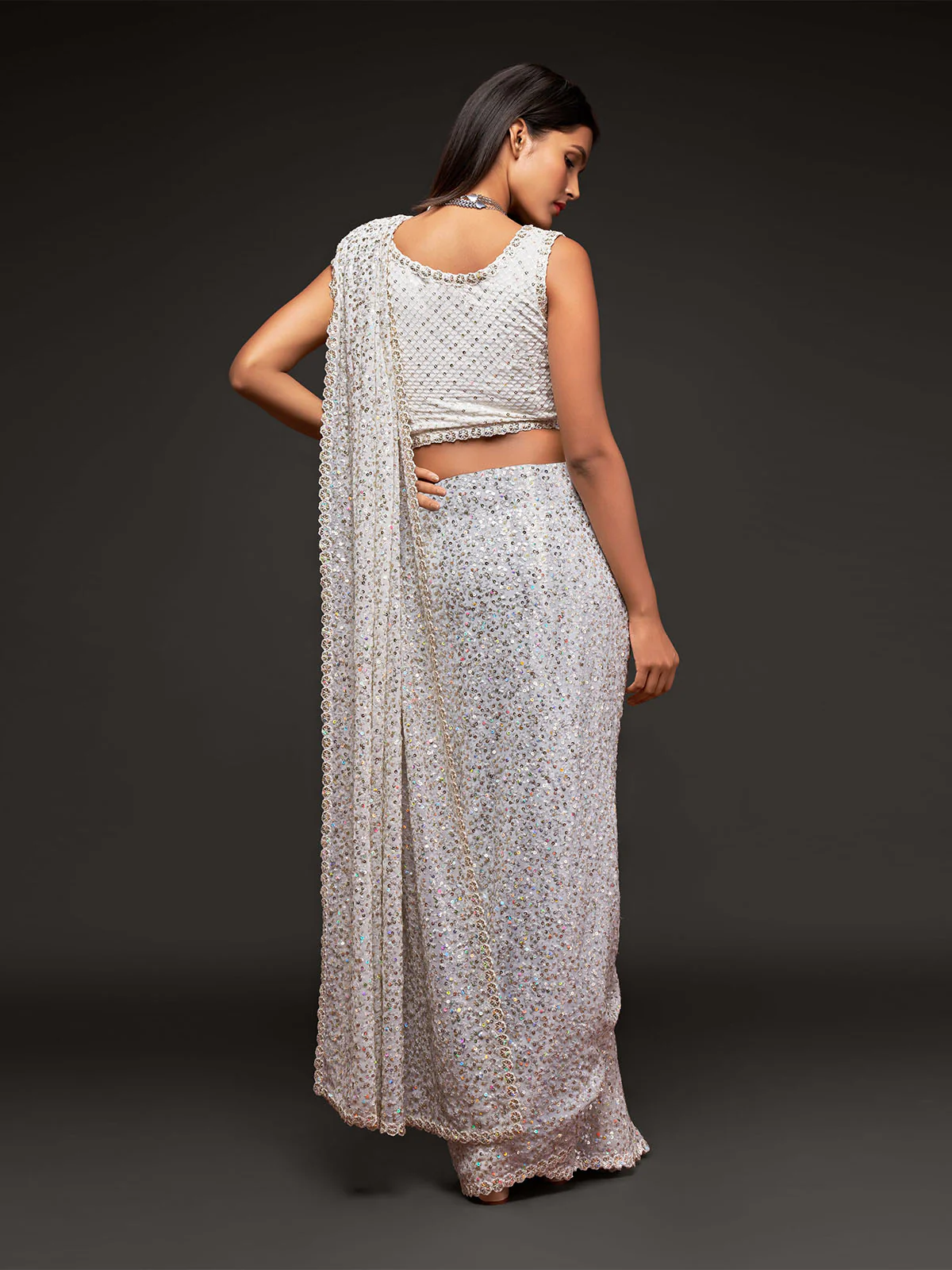 Odette Women White Georgette Designer Sequins Saree With Unstitched Blouse - Image 4