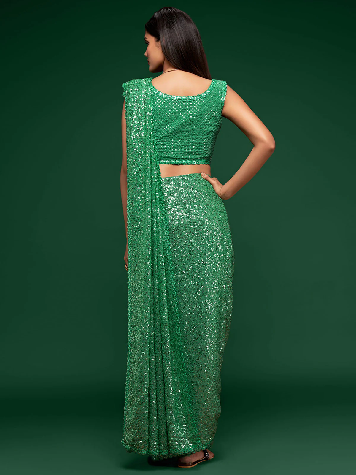 Odette Women Green Georgette Designer Sequins Saree With Unstitched Blouse - Image 4