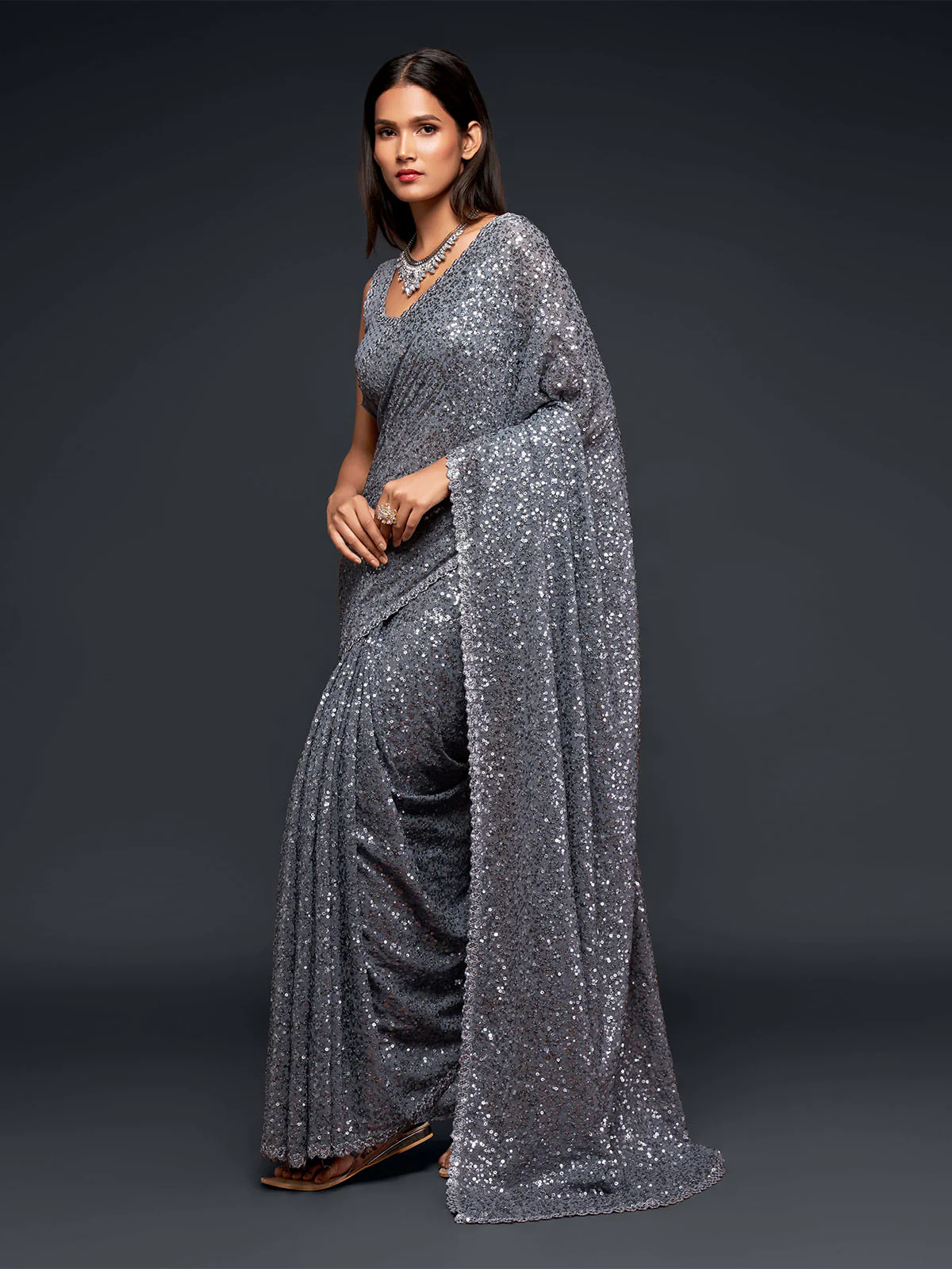 Odette Women Grey Georgette Designer Sequins Saree With Unstitched Blouse - Image 3