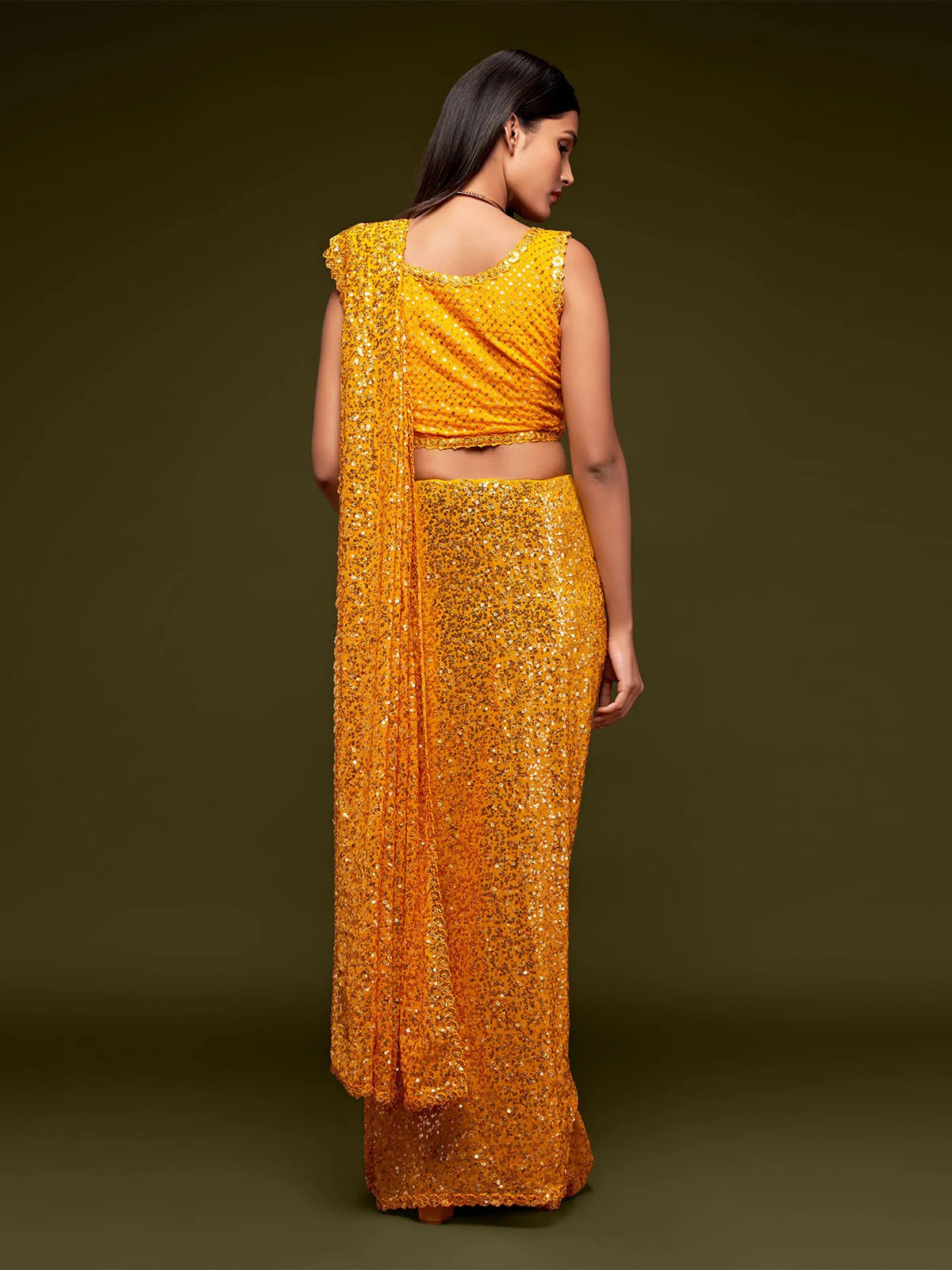Odette Women Yellow Georgette Designer Sequins Saree With Unstitched Blouse - Image 4