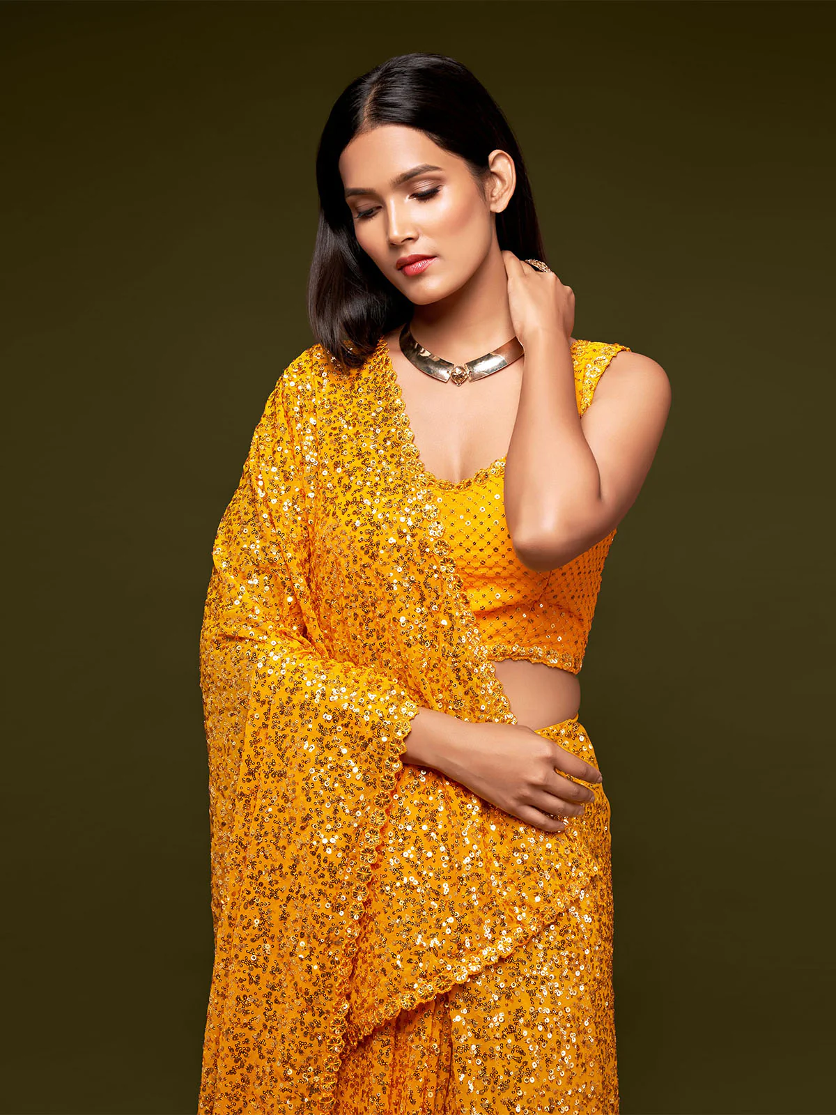 Odette Women Yellow Georgette Designer Sequins Saree With Unstitched Blouse - Image 5