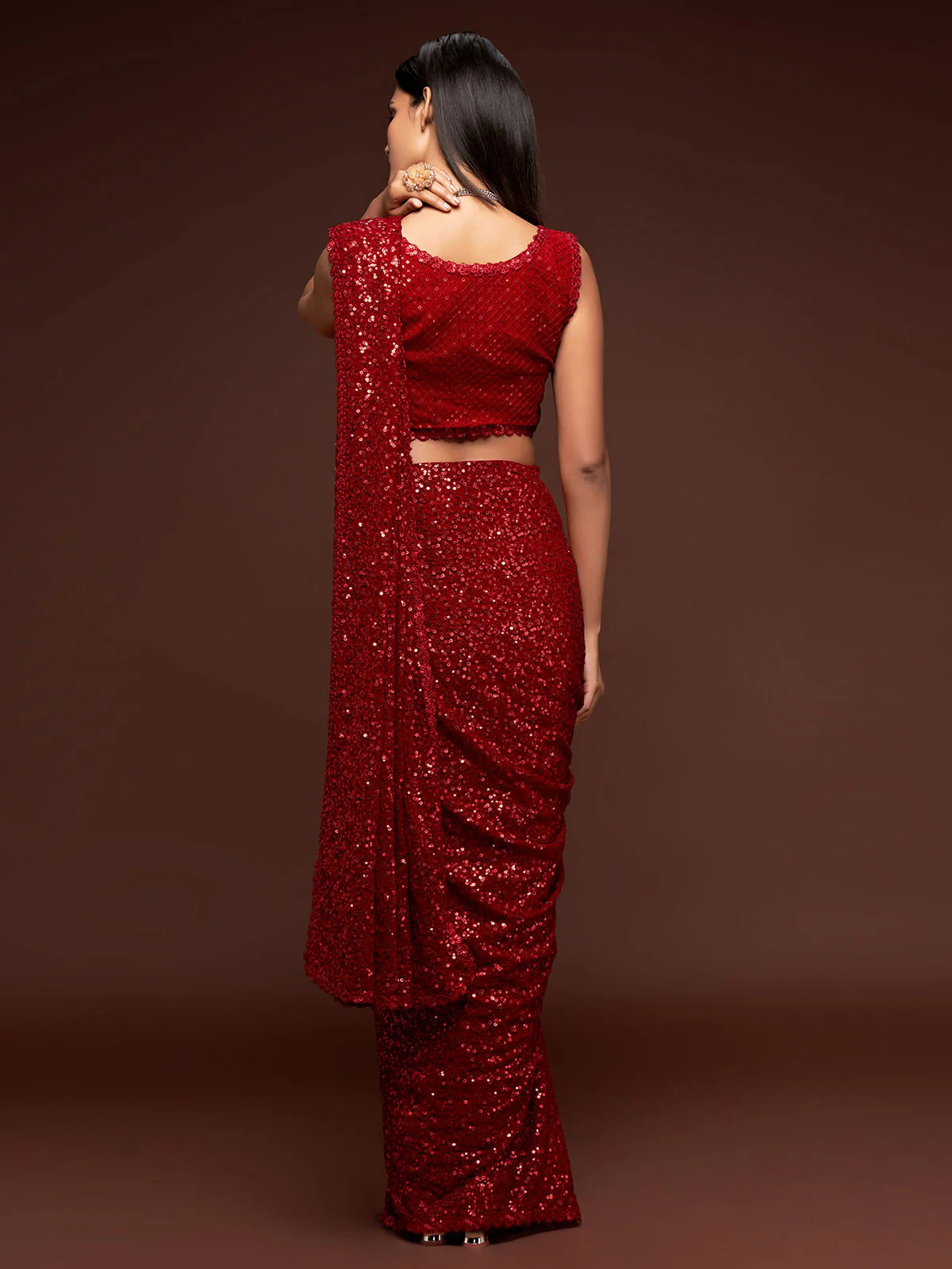 Odette Women Red Georgette Designer Sequins Saree With Unstitched Blouse - Image 3