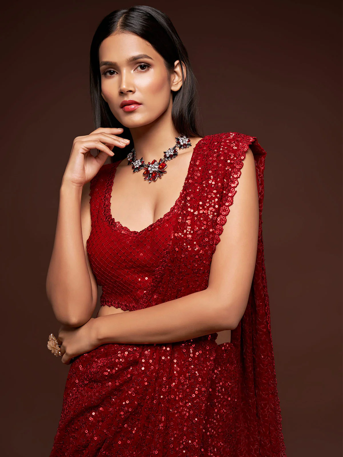 Odette Women Red Georgette Designer Sequins Saree With Unstitched Blouse - Image 5