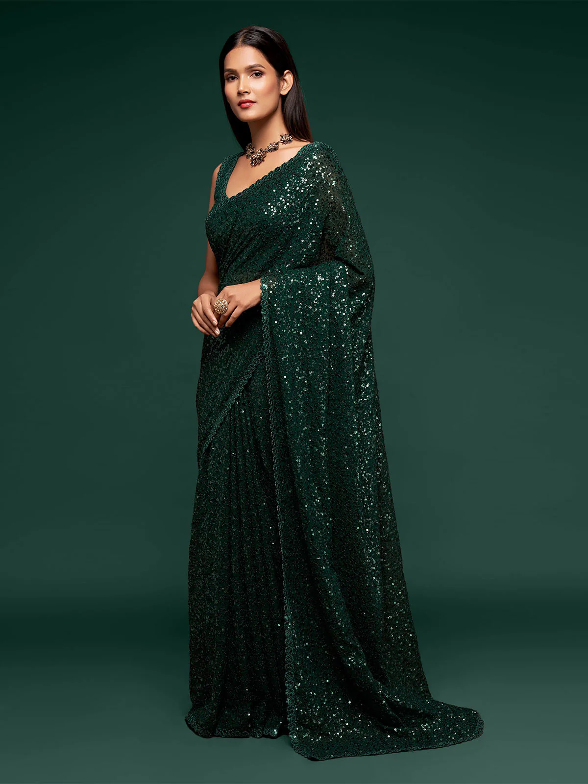 Odette Women Georgette Green Designer Sequins Saree With Unstitched Blouse - Image 2