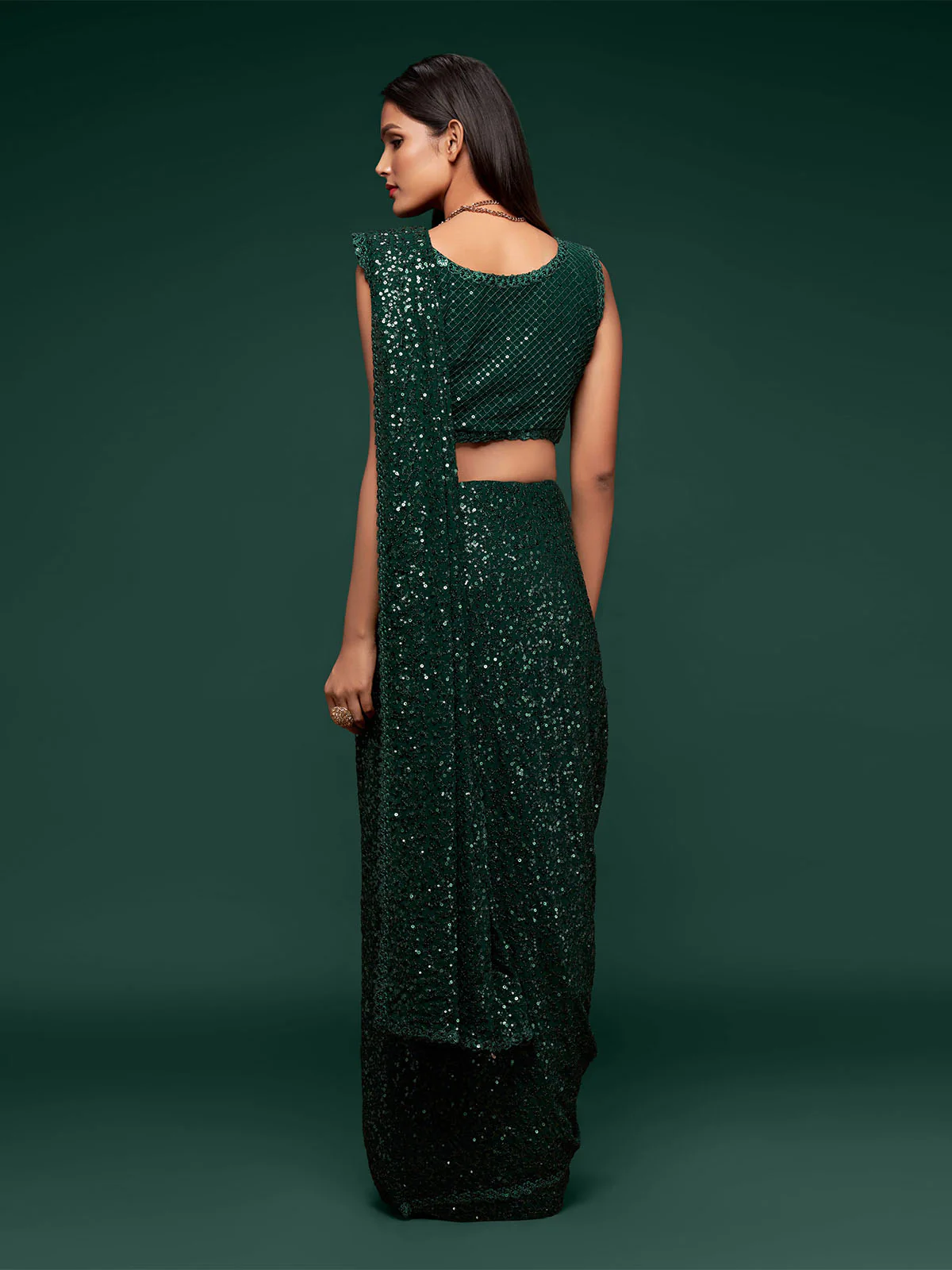 Odette Women Georgette Green Designer Sequins Saree With Unstitched Blouse - Image 3
