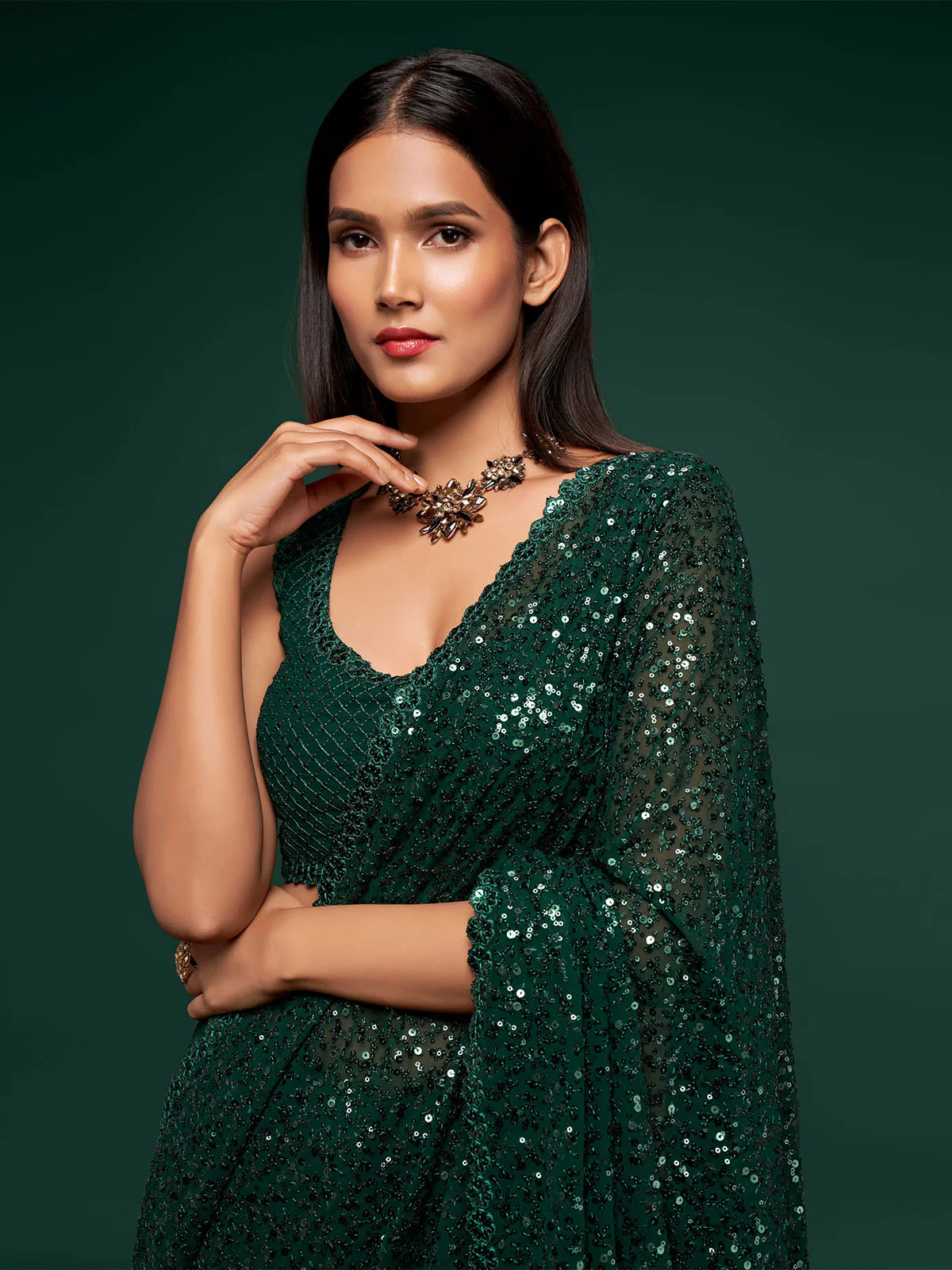 Odette Women Georgette Green Designer Sequins Saree With Unstitched Blouse - Image 4