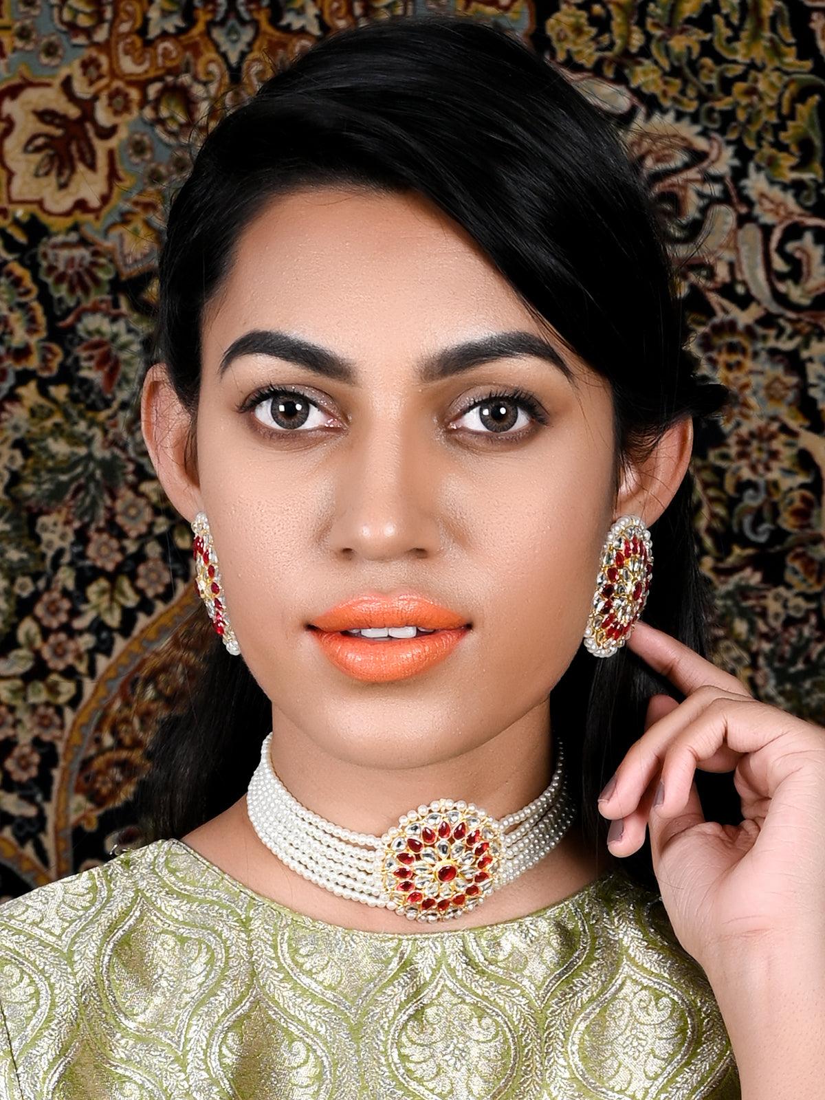 Odette Women Glamorous White Pearl-Kundan Choker Set! - Image 2