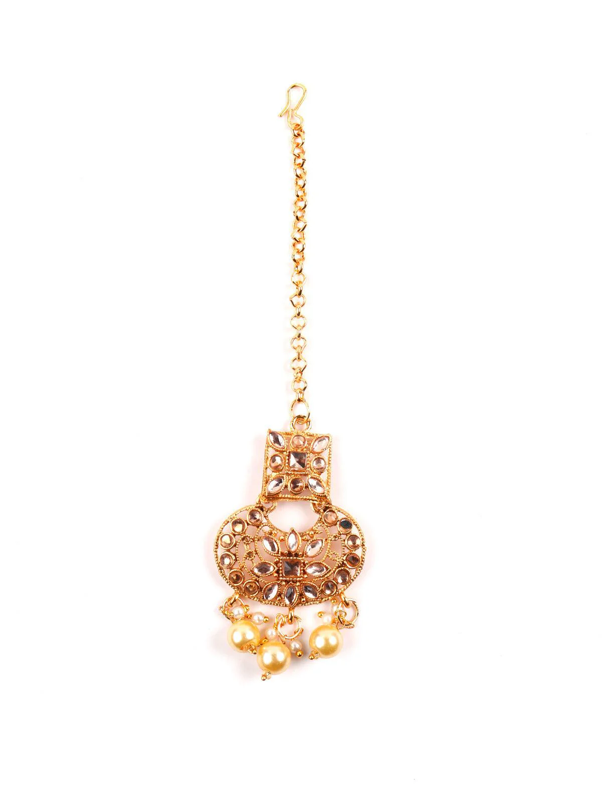 Odette Women Gold Semiprecious Kundan & Pearl Necklace With Earrings & Maang Teeka - Image 6